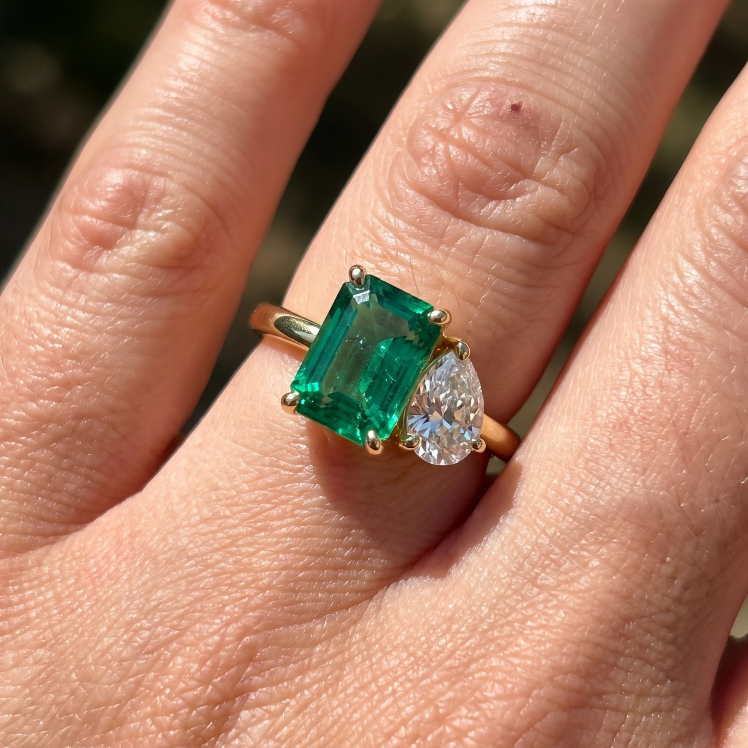 Two-Stone Toi et Moi Octagon and Pear Emerald, Ruby, Sapphire and Lab Diamond 14K Yellow Gold Ring