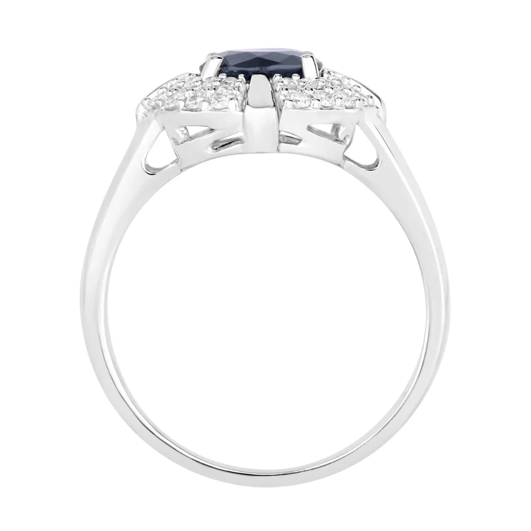 Genuine 10K Blue Sapphire and White Diamond Halo Ring