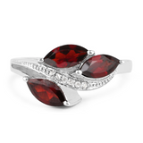 Garnet and White Topaz Three Stone Leaf Ring