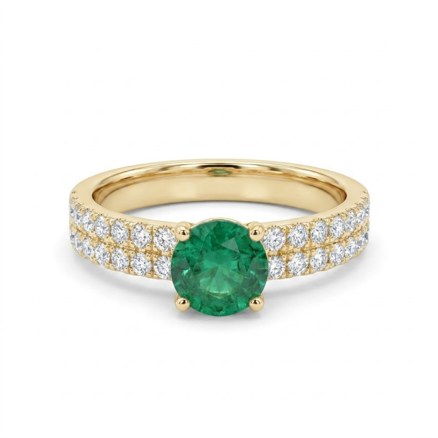 1.30 CTTW Round Gemstone Pav Diamond Double Row Band 14k Yellow Gold Engagement Ring