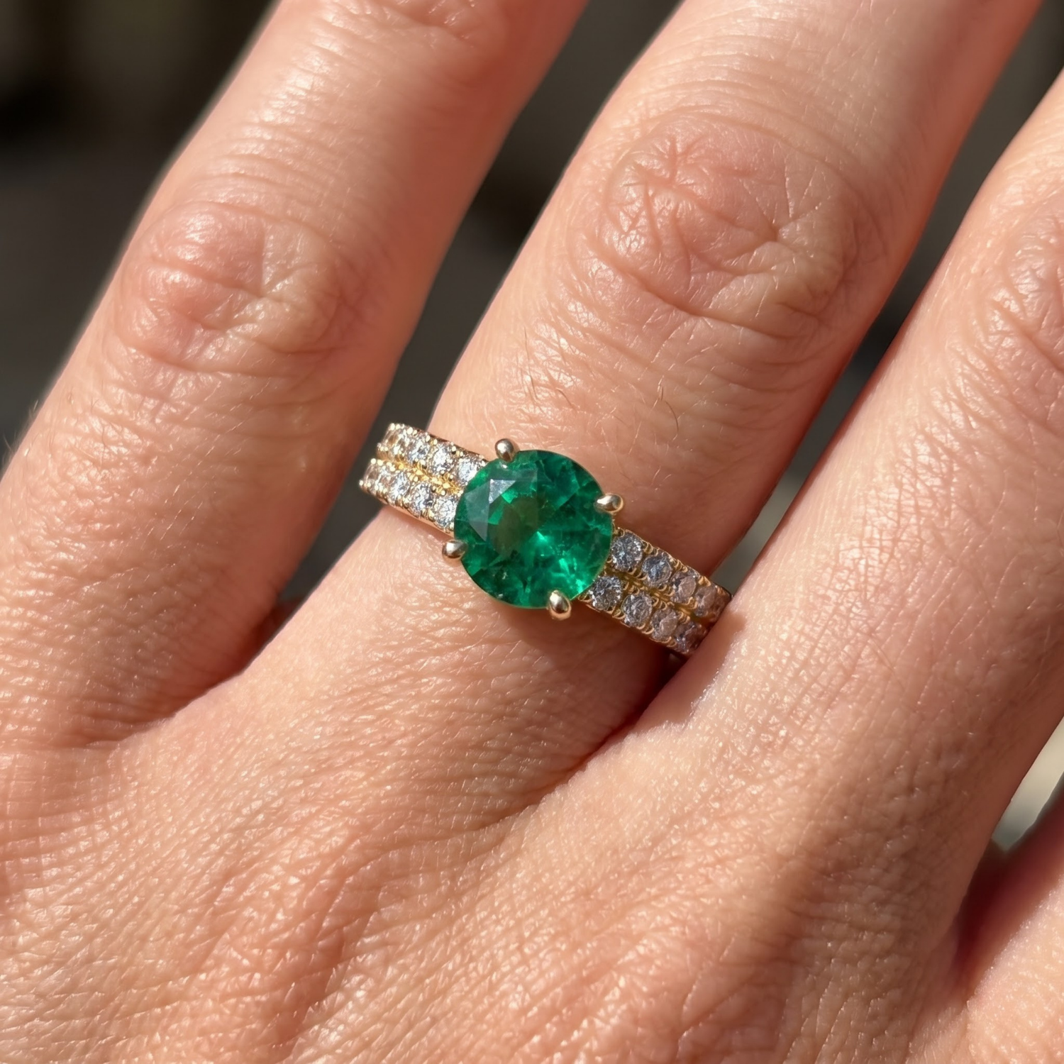 1.30 CTTW Round Gemstone Pav Diamond Double Row Band 14k Yellow Gold Engagement Ring
