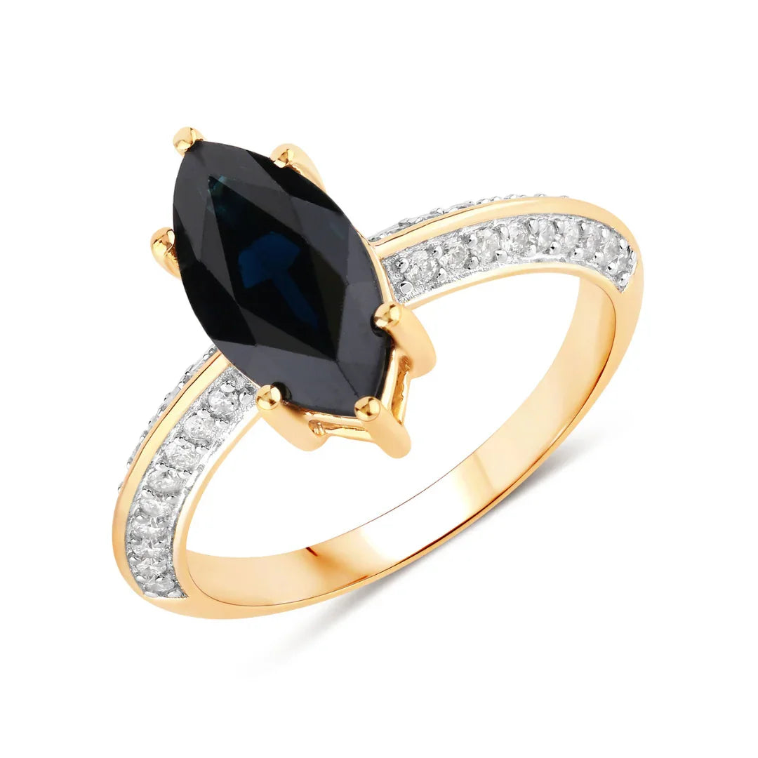 Genuine 10K Blue Sapphire and Diamond Marquise Ring