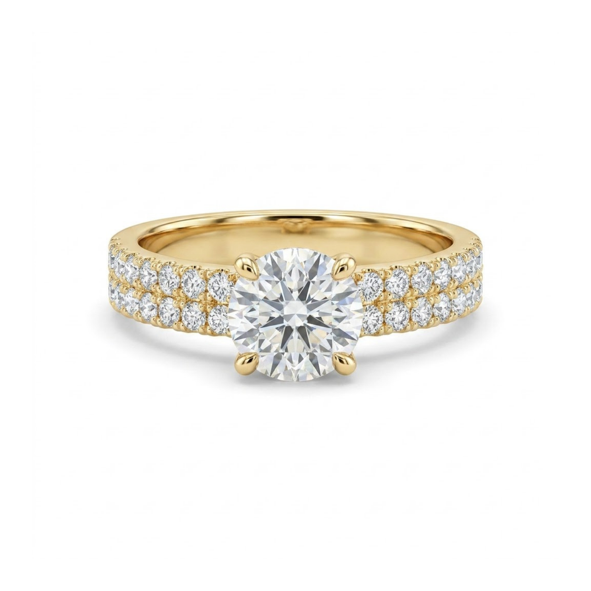1.30 CTTW Round Gemstone Pav Diamond Double Row Band 14k Yellow Gold Engagement Ring