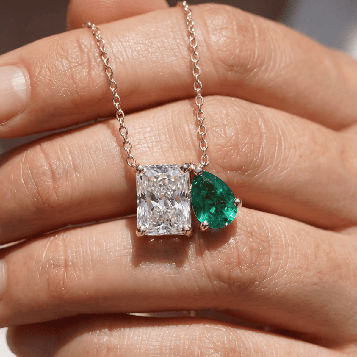 2.50 Cttw Pear Emerald, Ruby, Sapphire and Lab Diamond 14K Yellow Gold Toi et Moi Pendant Necklace