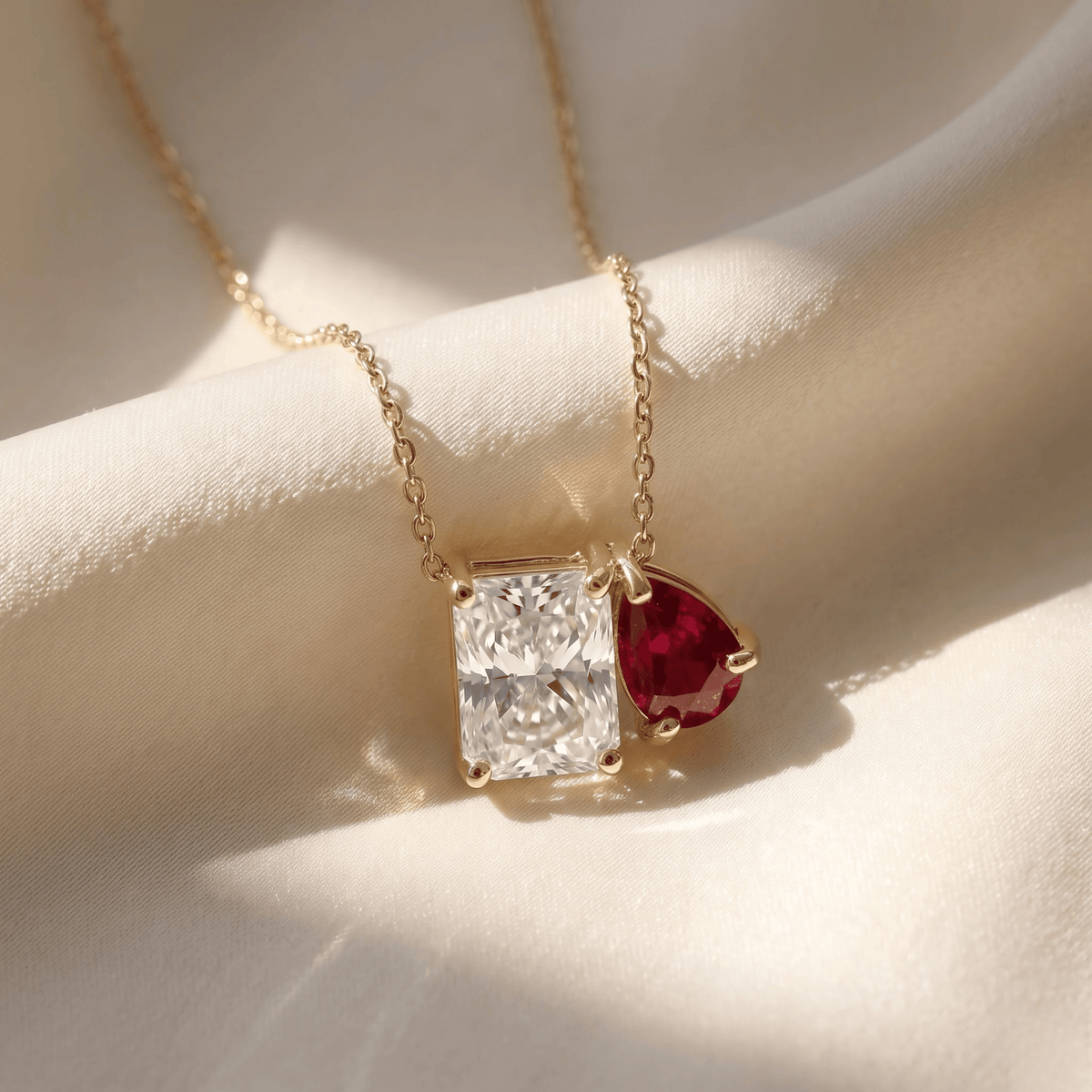 2.50 Cttw Pear Emerald, Ruby, Sapphire and Lab Diamond 14K Yellow Gold Toi et Moi Pendant Necklace