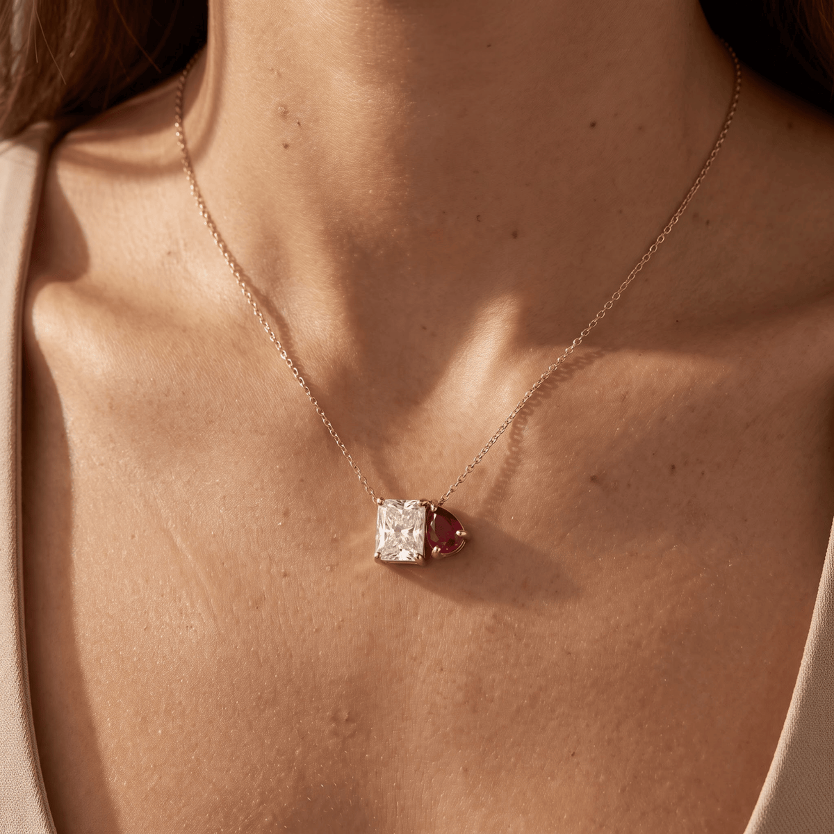 2.50 Cttw Pear Emerald, Ruby, Sapphire and Lab Diamond 14K Yellow Gold Toi et Moi Pendant Necklace