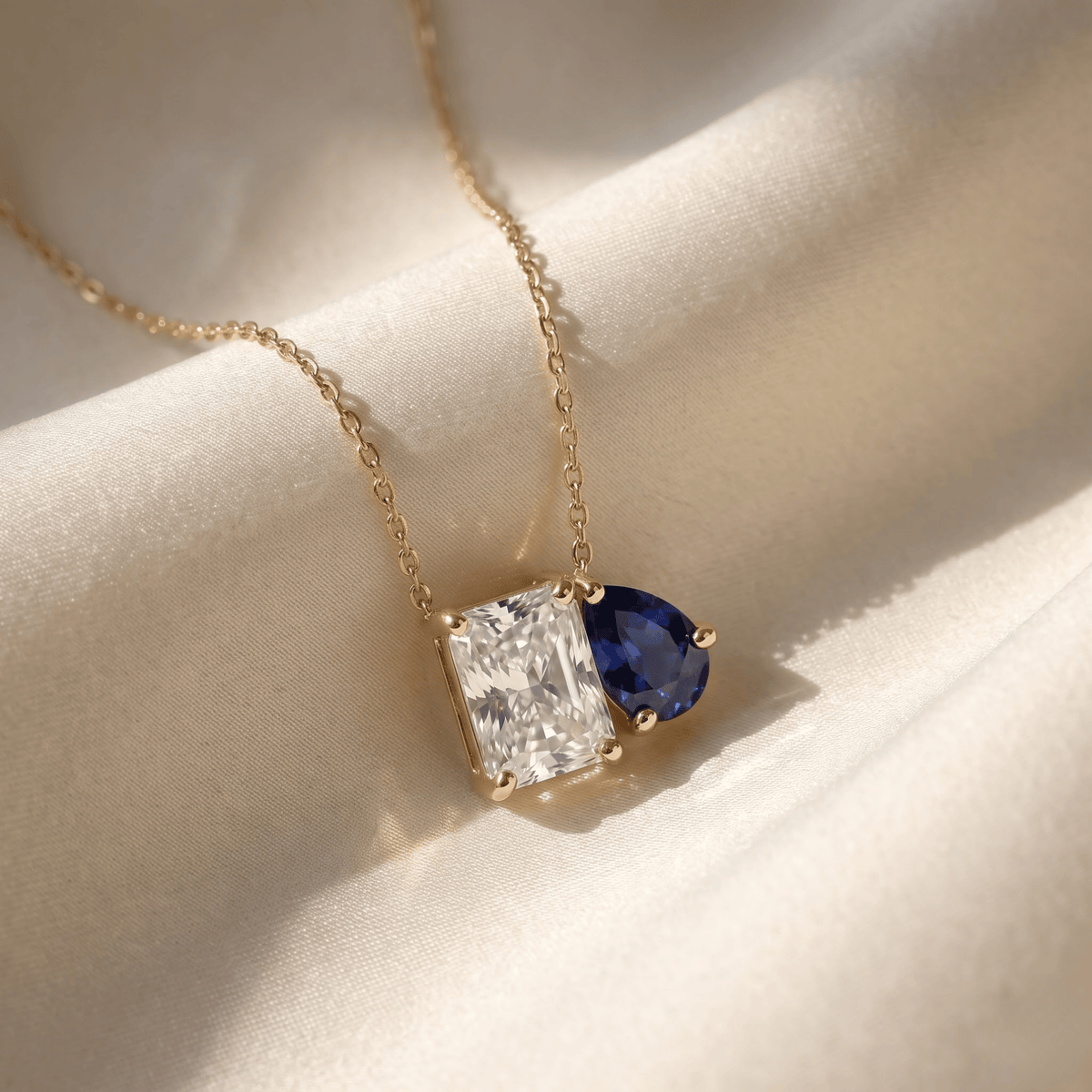 2.50 Cttw Pear Emerald, Ruby, Sapphire and Lab Diamond 14K Yellow Gold Toi et Moi Pendant Necklace