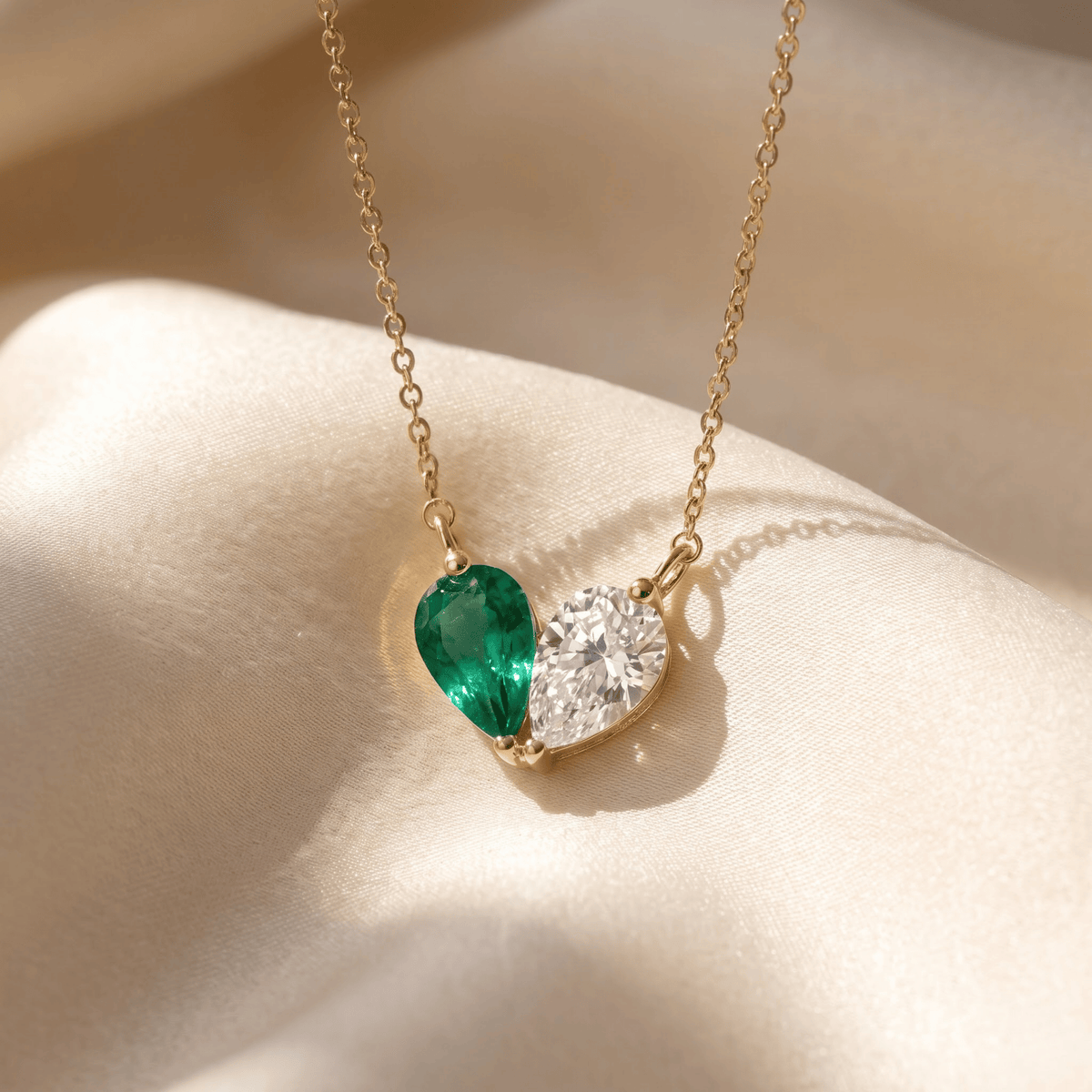 4.44 Cttw Pear Emerald, Ruby, Sapphire and Lab Diamond 14K Yellow Gold Toi et Moi Heart Pendant Necklace