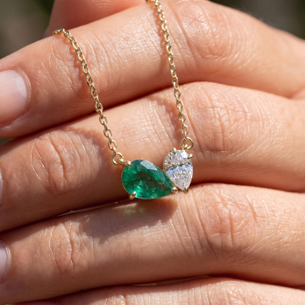 4.33 Cttw Pear Emerald, Ruby, Sapphire and Lab Diamond 14K Yellow Gold Toi et Moi Pendant Necklace
