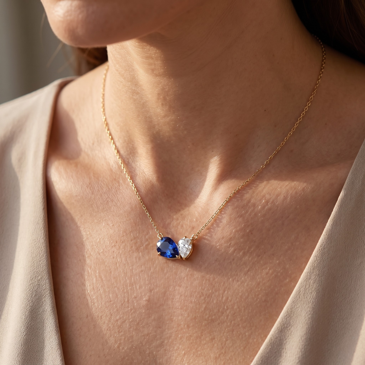 4.33 Cttw Pear Emerald, Ruby, Sapphire and Lab Diamond 14K Yellow Gold Toi et Moi Pendant Necklace