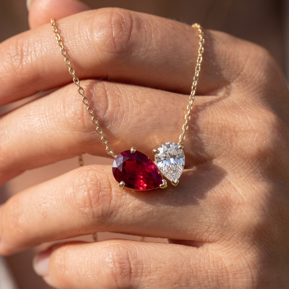 4.33 Cttw Pear Emerald, Ruby, Sapphire and Lab Diamond 14K Yellow Gold Toi et Moi Pendant Necklace