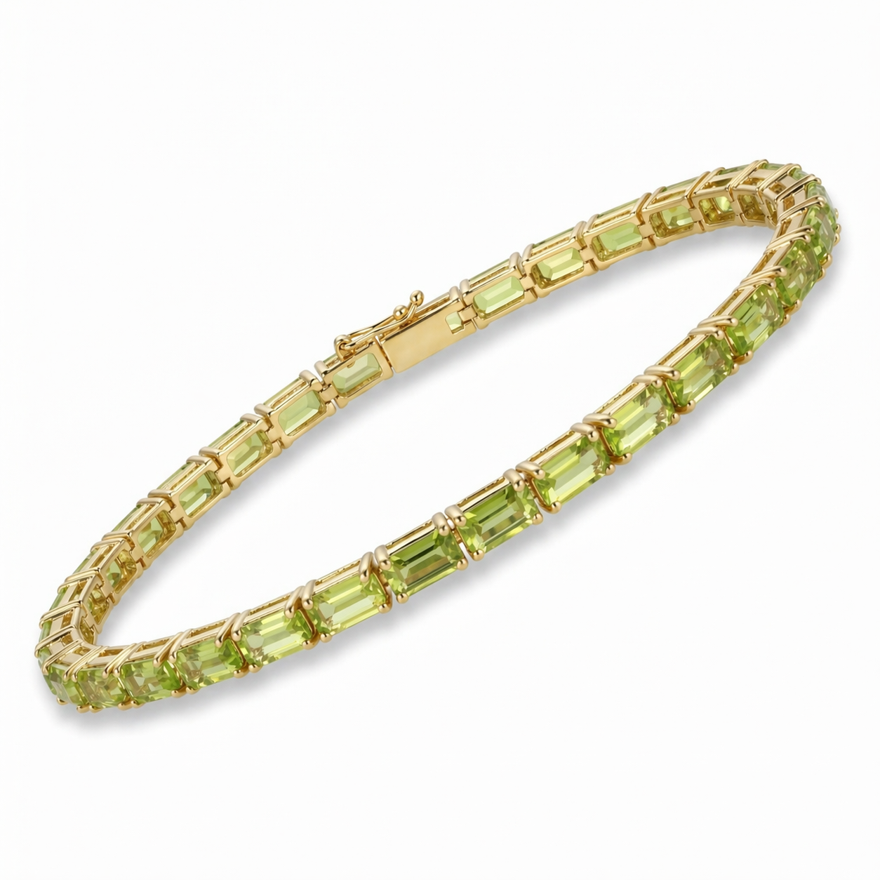 Natural Emerald Cut Green Peridot Silver Tennis Bracelet 7 inch