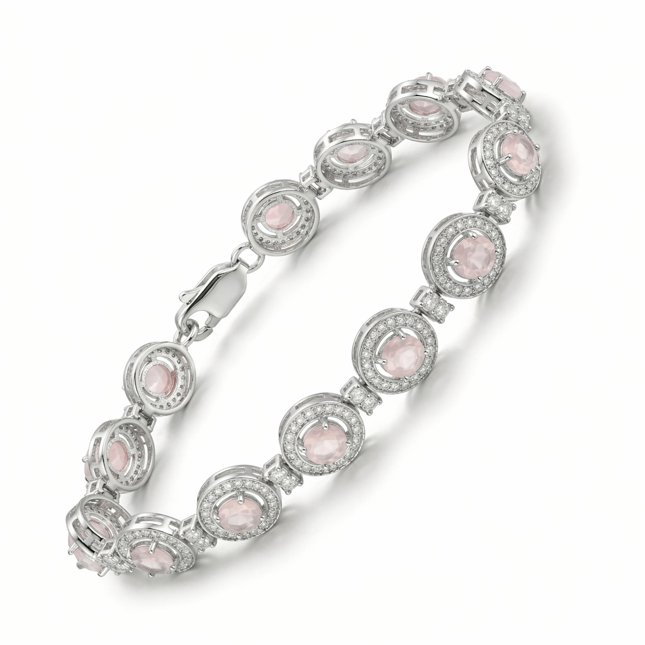 Natural Round Rose Quarts Halo Silver Link Bracelet 7.5 inches