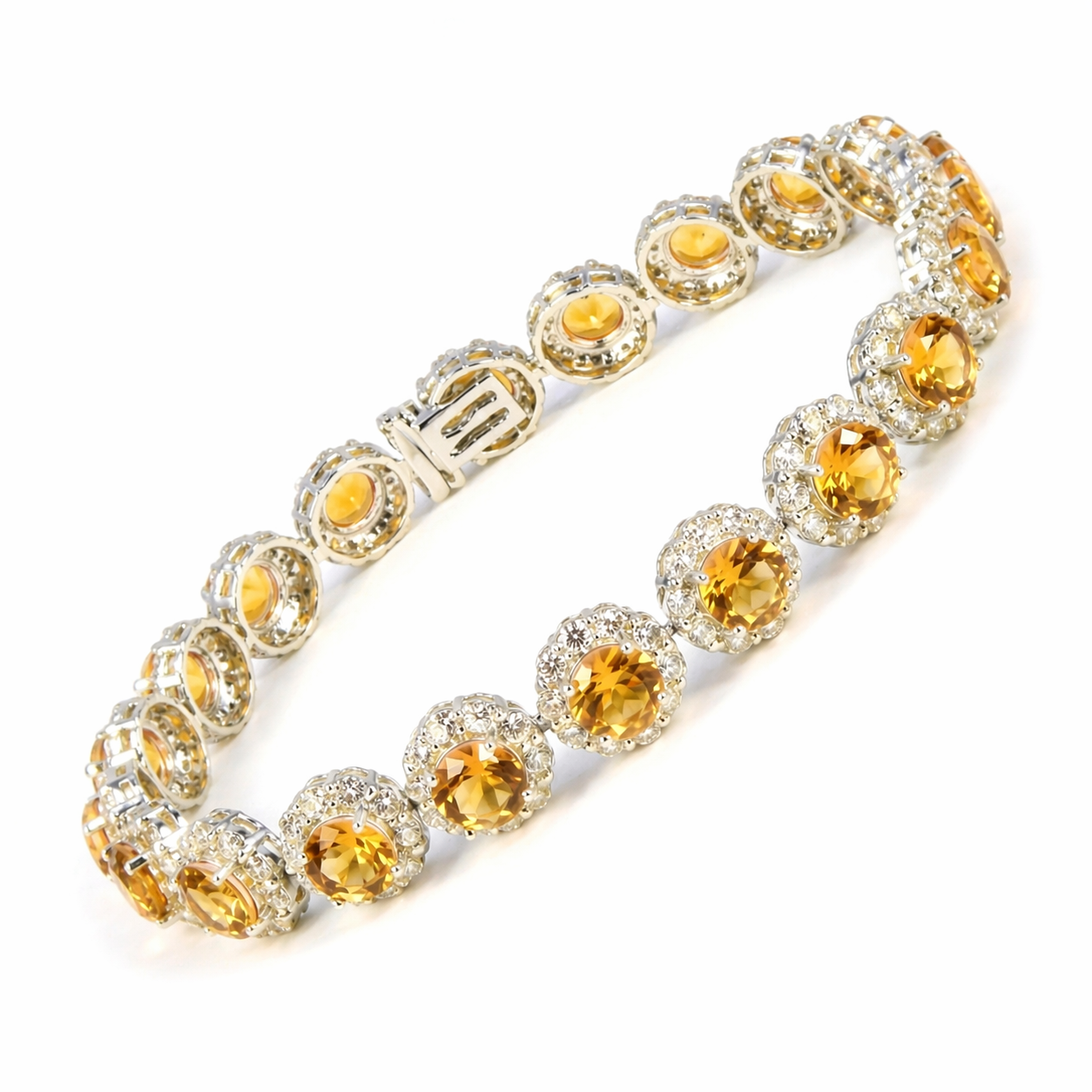 Natural Round Yellow Citrine Silver 8-inch Halo Bracelet