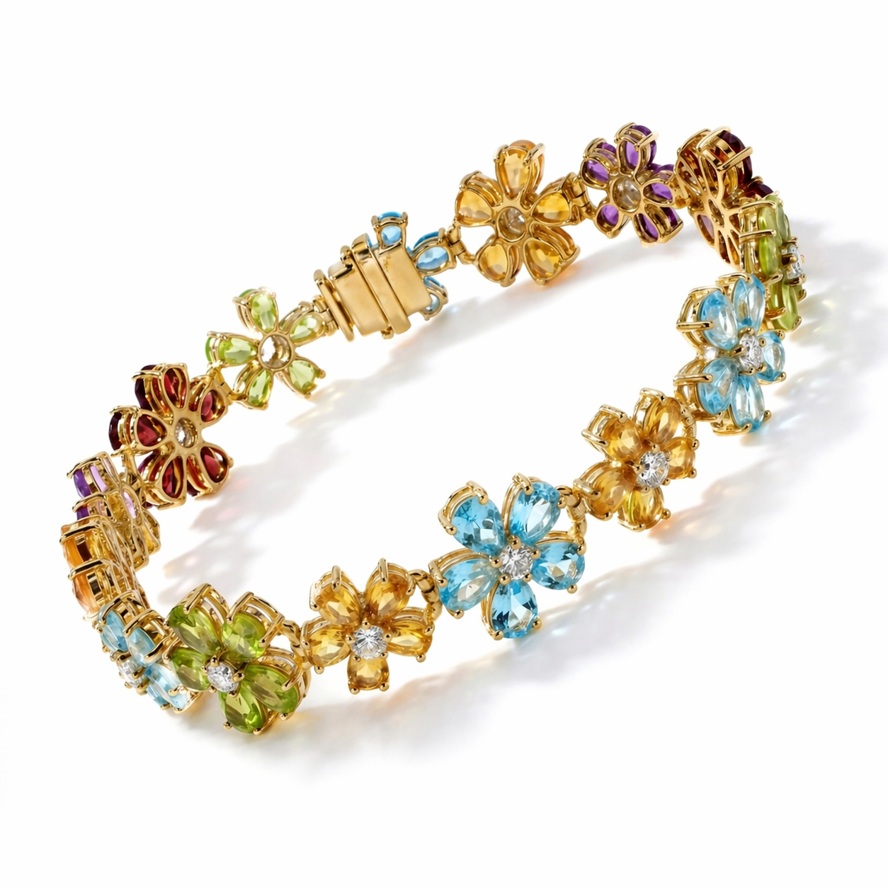 Multi Gemstone Floral Yellow Gold Over Silver Cluster 7.5 inch Bracelet