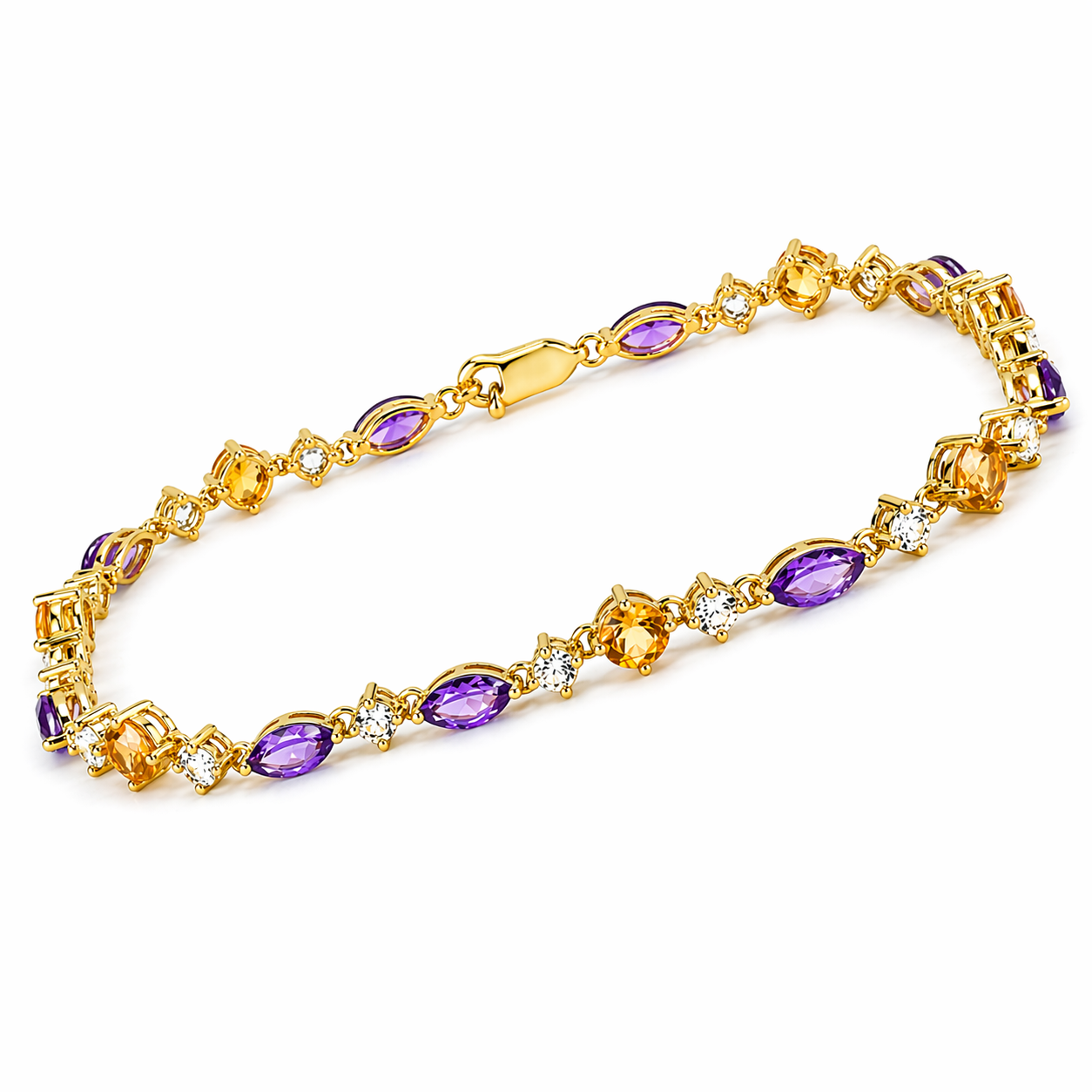 Natural Multi Gemstone Yellow Gold Over Silver Link Bracelet 8inches