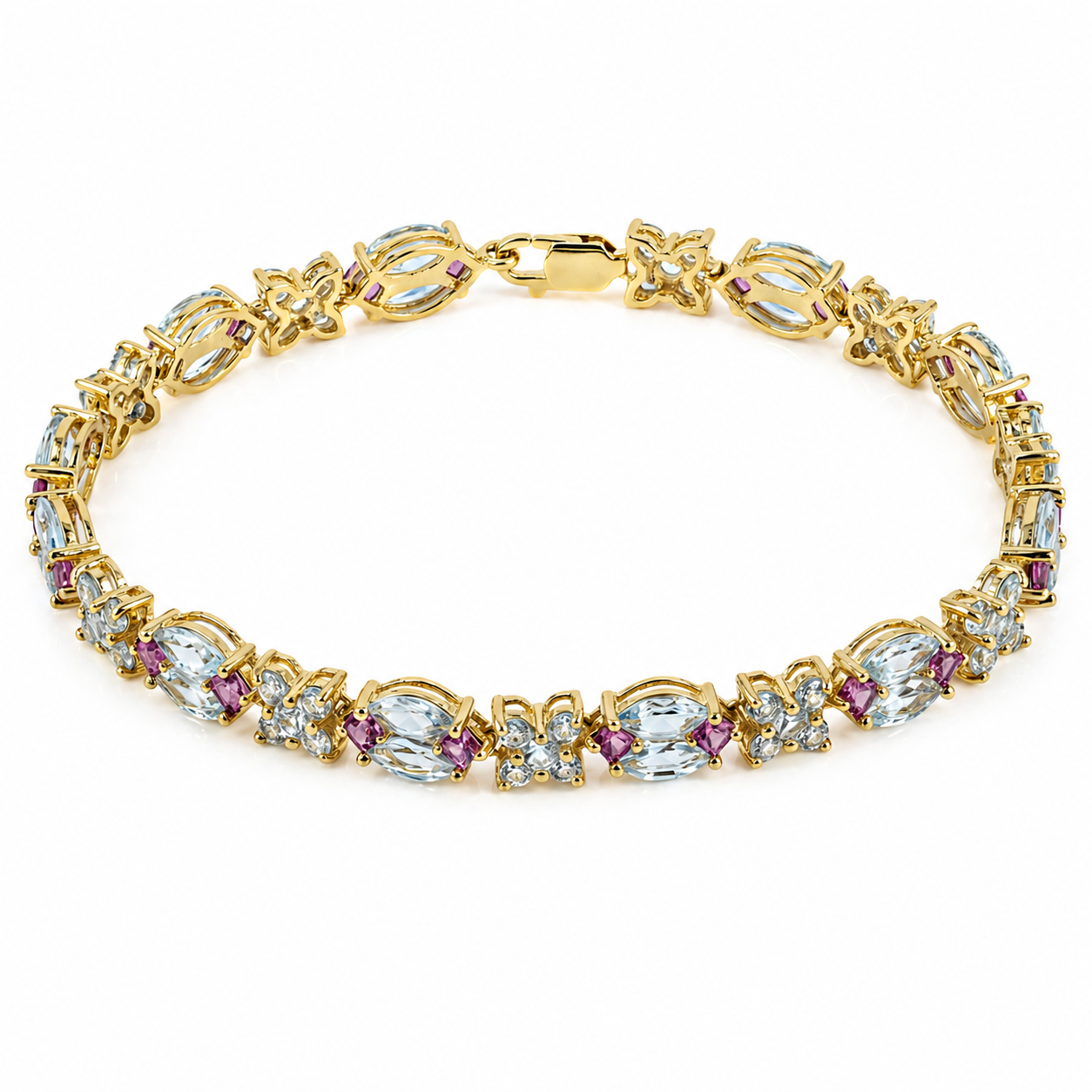 Natural Marquise Cut Blue Topaz Cluster Silver Link Bracelet 7 inches