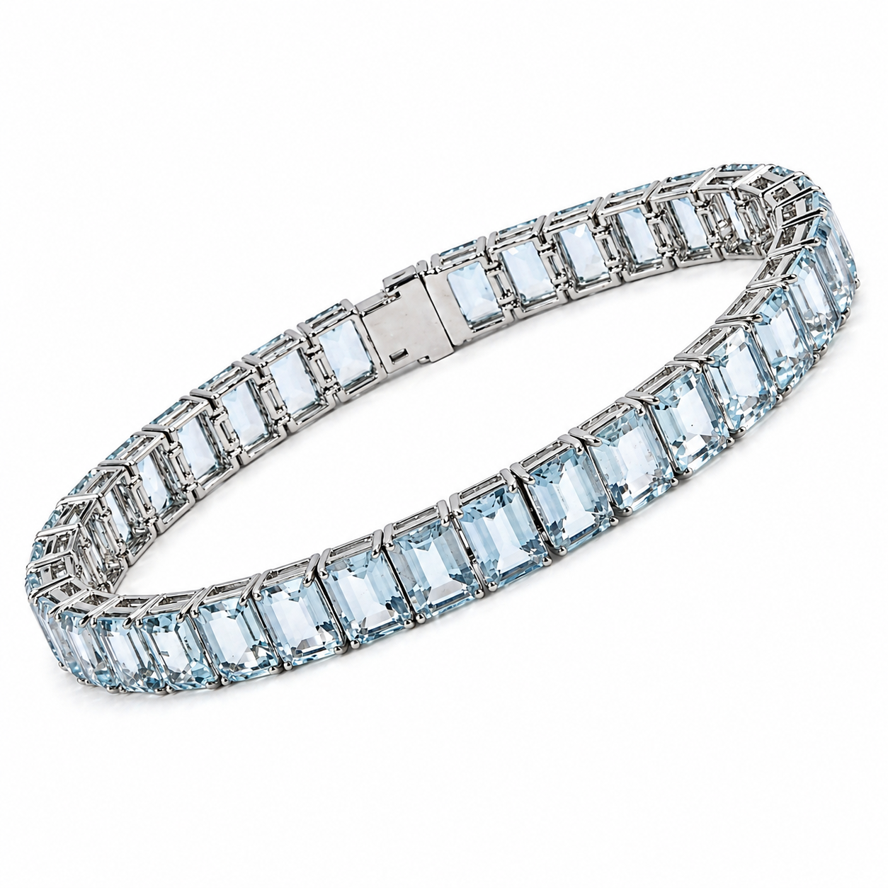 8 inch Natural Emerald Cut Blue Aquamarine Tennis Bracelet Silver