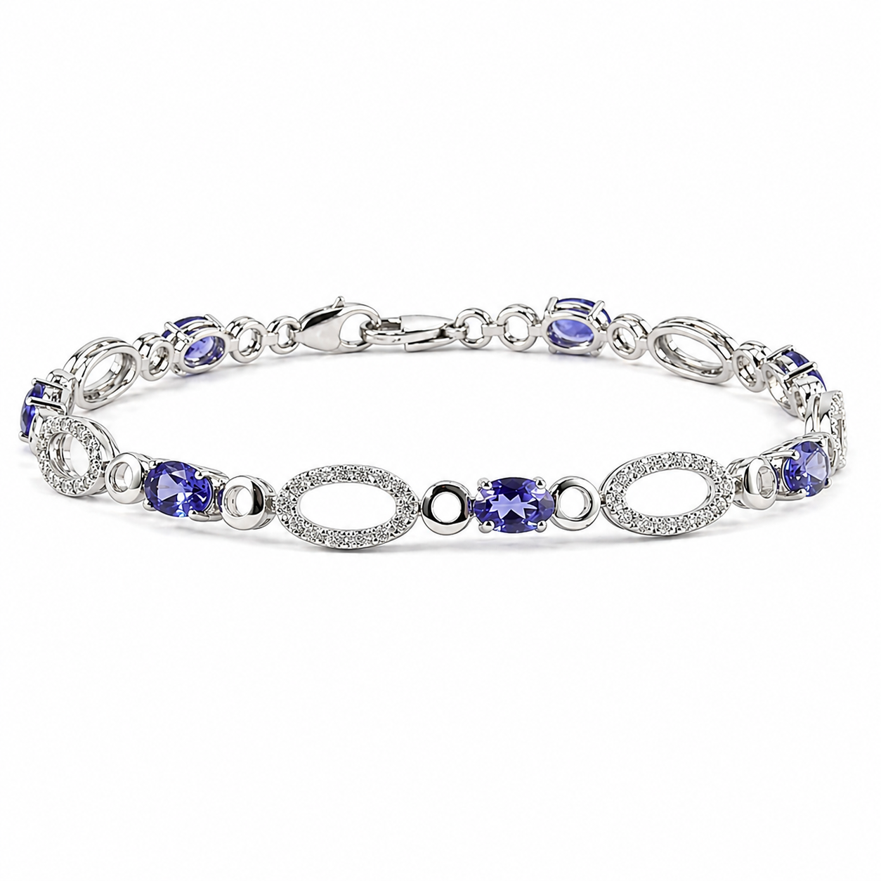 Natural Oval Blue Iolite 8-inch Link Bracelet Silver