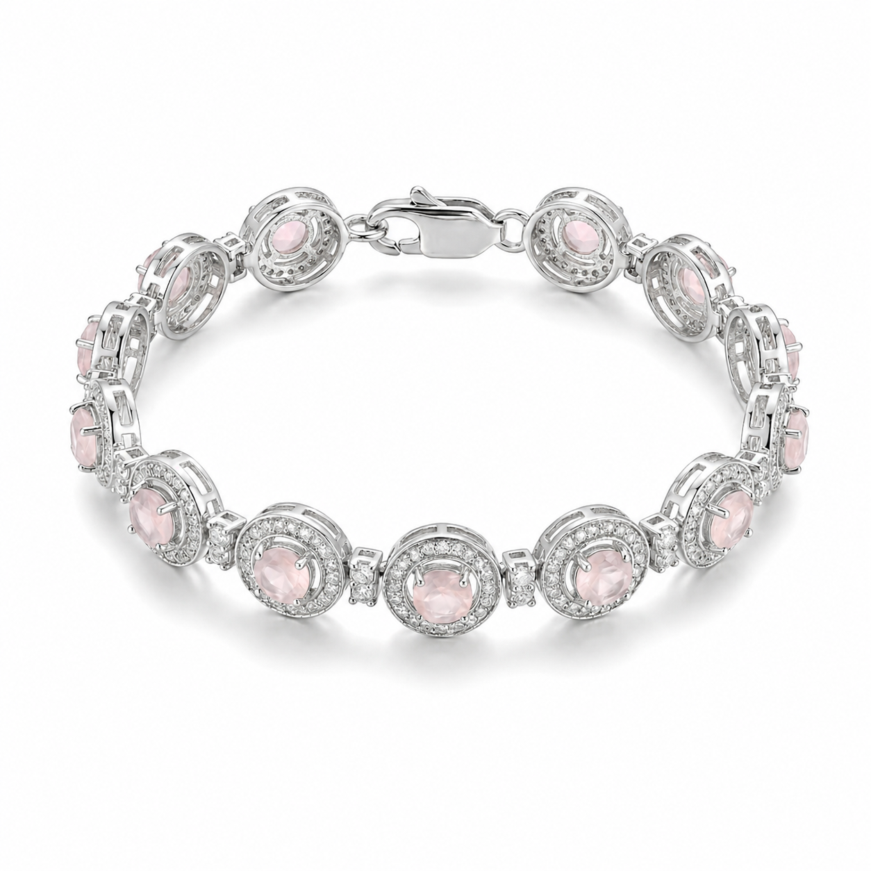 Natural Round Rose Quarts Halo Silver Link Bracelet 7.5 inches