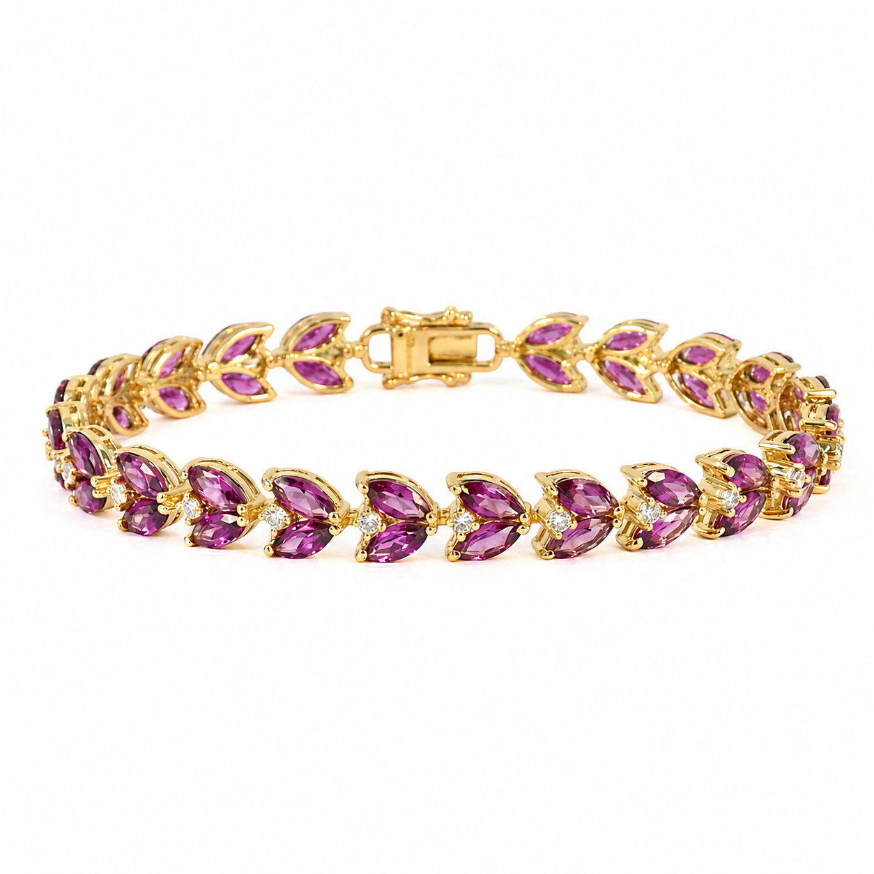 15.4 Ct Marquise Purple Rhodolite Garnet Prong Yellow Gold Over Silver Link Bracelet