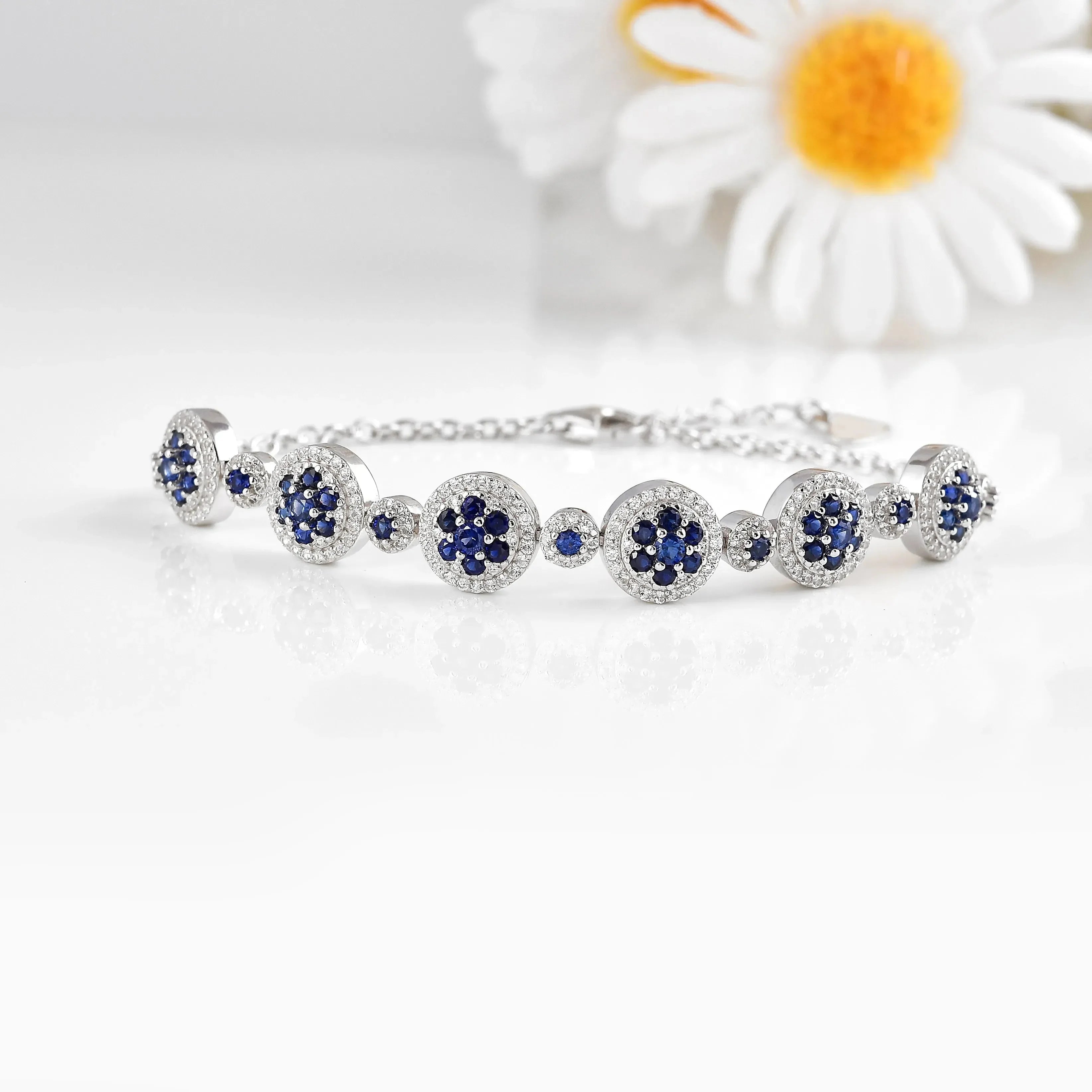 Lab Grown Blue Sapphire Halo Tennis Bracelet Fine Color Jewels &nbsp;Wedding Bridal Bracelet, Birthday gift for her, Blue Sapphire Bracelet, Bridesmaid Gift 925 Sterling Silver, Bridesmaid Gift for Her, Created sapphire bracelet.&nbsp;, everyday gift for her, gift for her, gift for hergift for women, Jewelry Gift for her, ring gift for her., Sapphire Halo Bracelet, September Birthstone Bracelet, Wedding Gift For Her