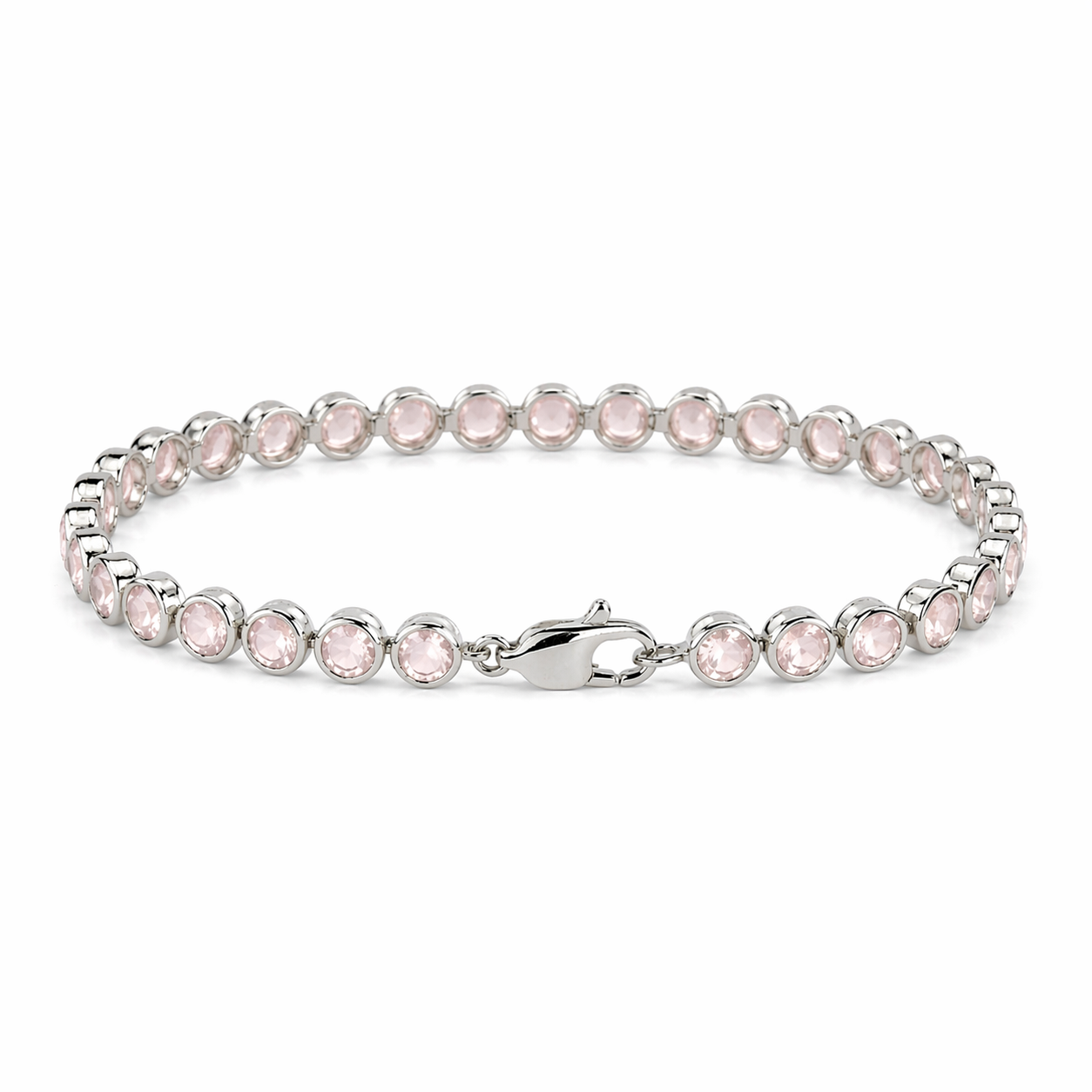 8.1 Ct Round Pink Rose Quartz Prong Silver Bezel Tennis Bracelet