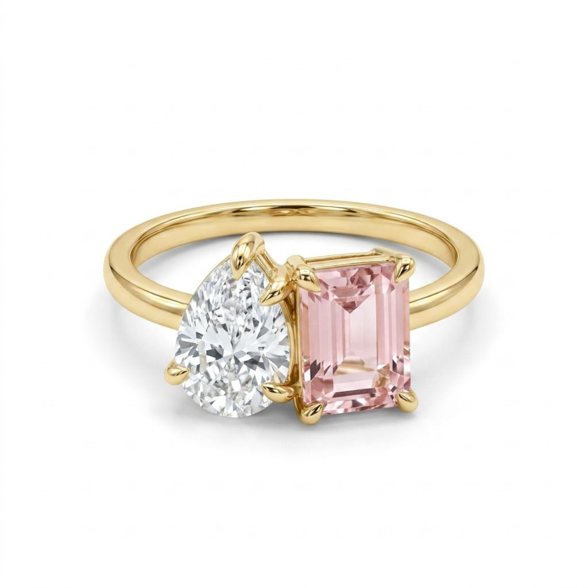 2.450 Cttw Octagon Morganite , Sapphire, Emerald and Lab Diamond 14K Yellow Gold Toi Et Moi Ring