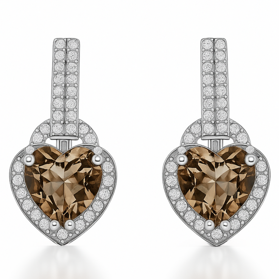 Natural Brown Quartz Heart Sterling Silver Earrings Fine Color Jewels