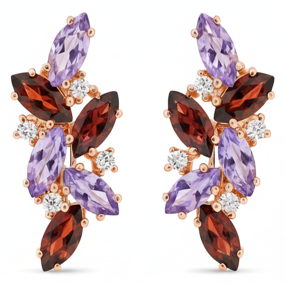 Natural Amethyst and Garnet Silver Cluster Earrings Fine Color Jewels