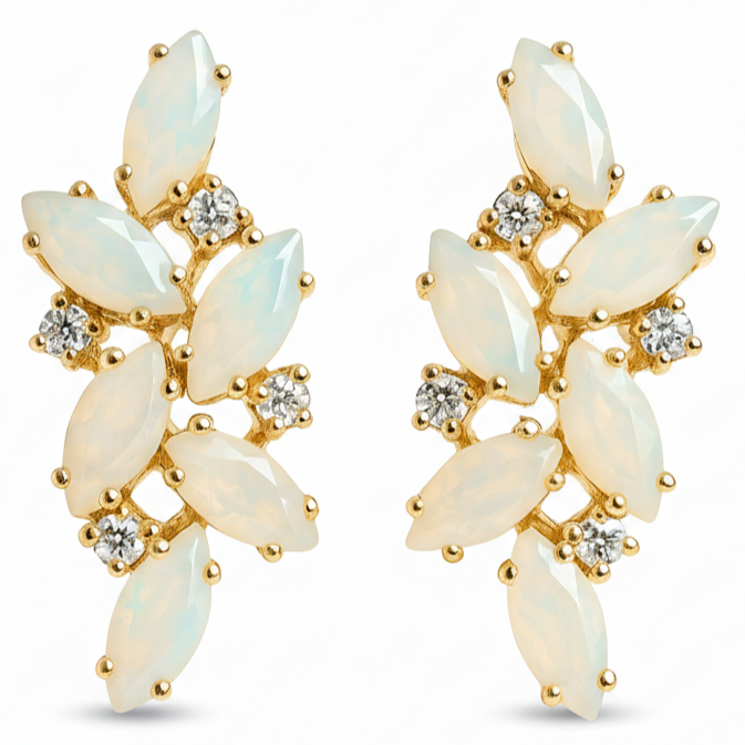 Natural Aqua Chalcedony and White Moonstone Silver Cluster Earrings