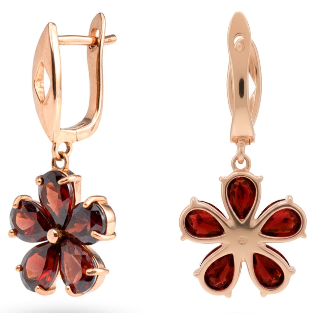Natural Red Garnet Sterling Silver Flower Earrings