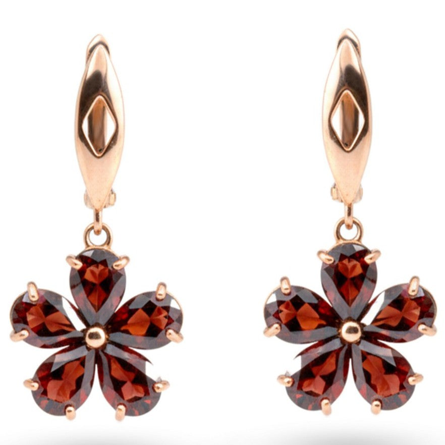 Natural Red Garnet Sterling Silver Flower Earrings