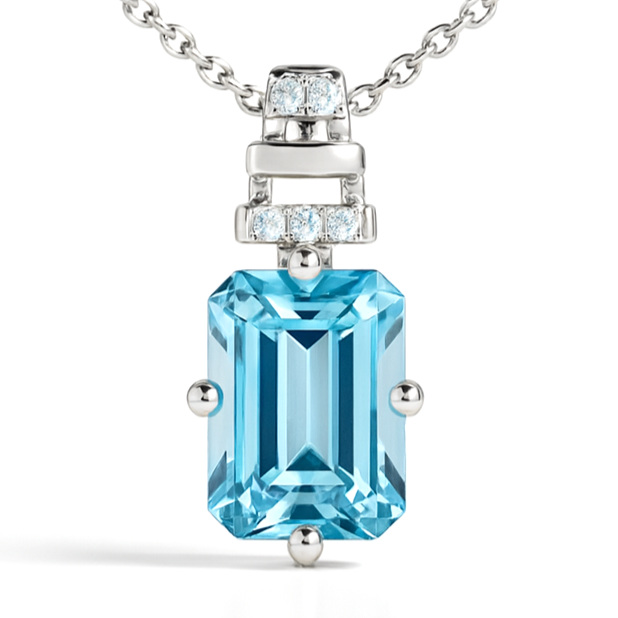 Natural Octagon Sky Blue Topaz Silver Necklace