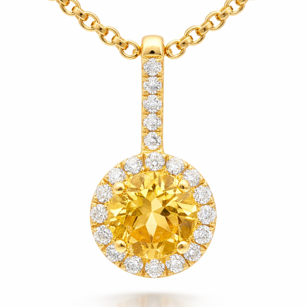 Natural Yelllow Citrine Silver Small Halo Pendant Necklace