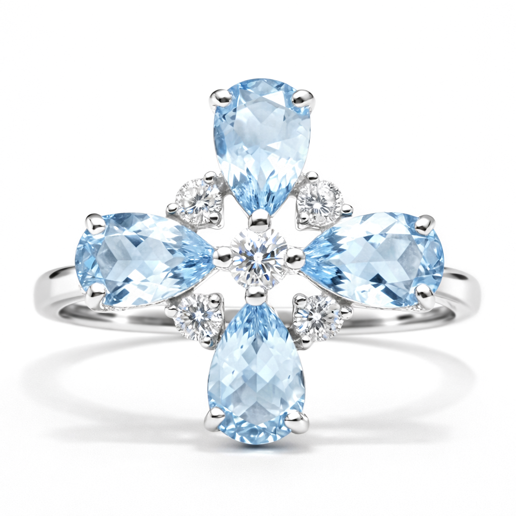 Natural Sky Blue Topaz Silver Leaf Clover Ring