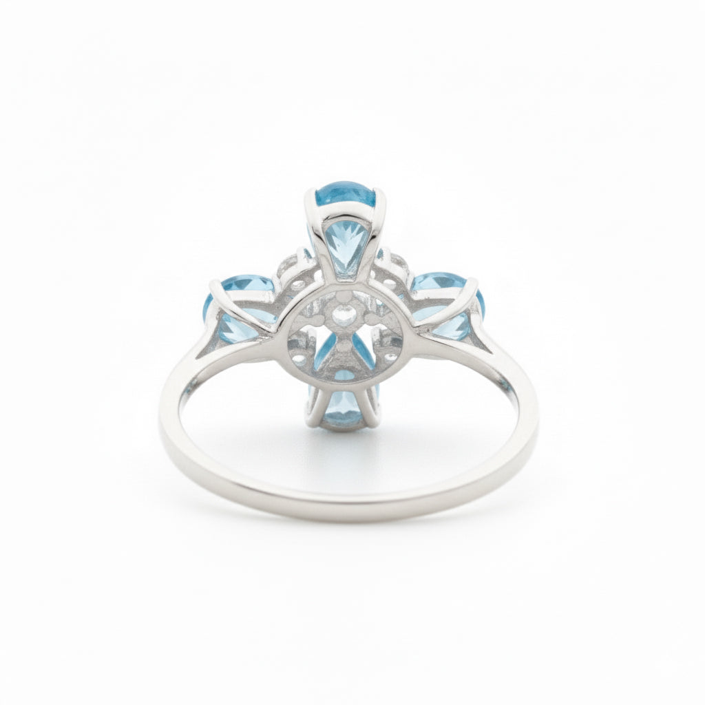 Natural Sky Blue Topaz Silver Leaf Clover Ring