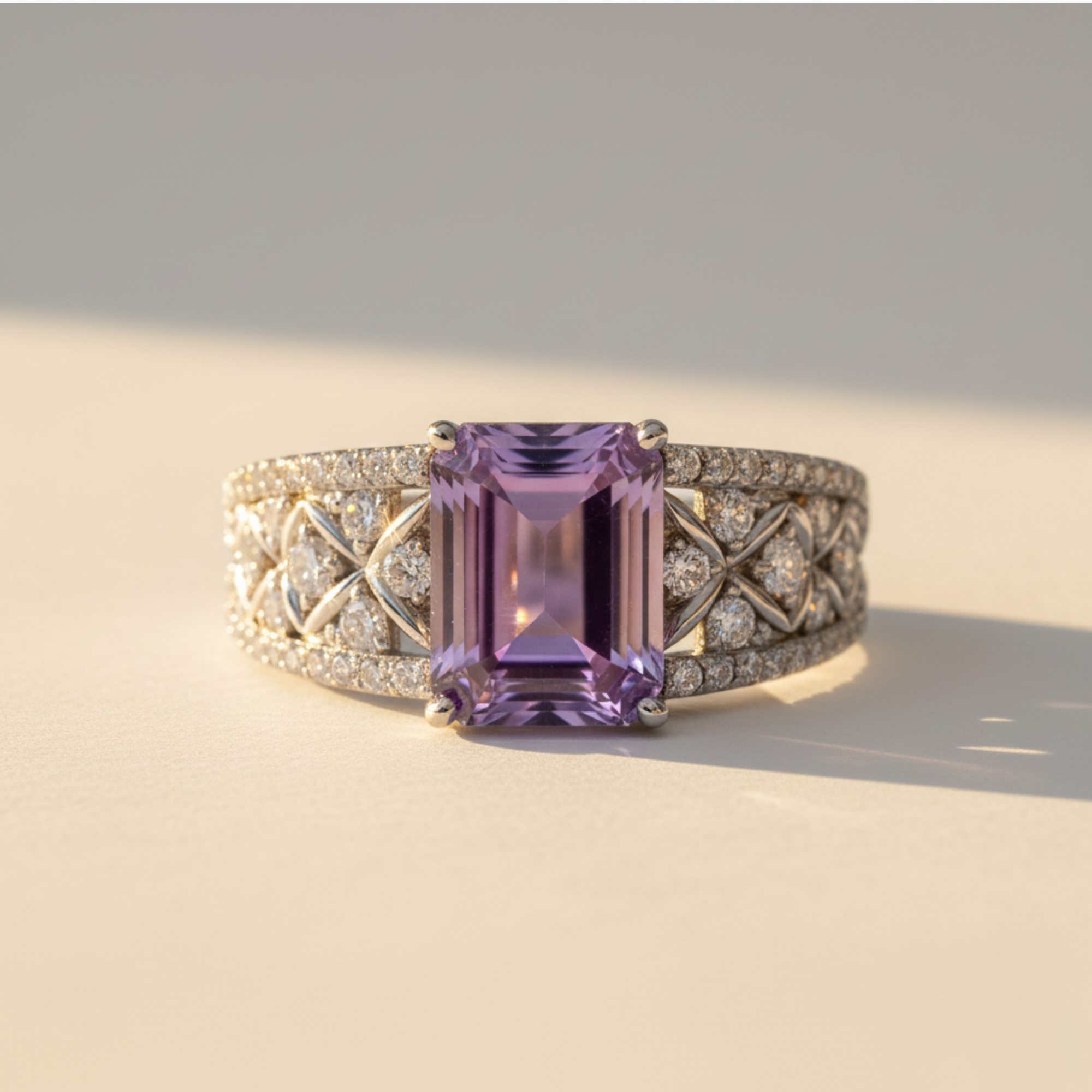 Emerald Cut Natural Amethyst Silver Statement Ring