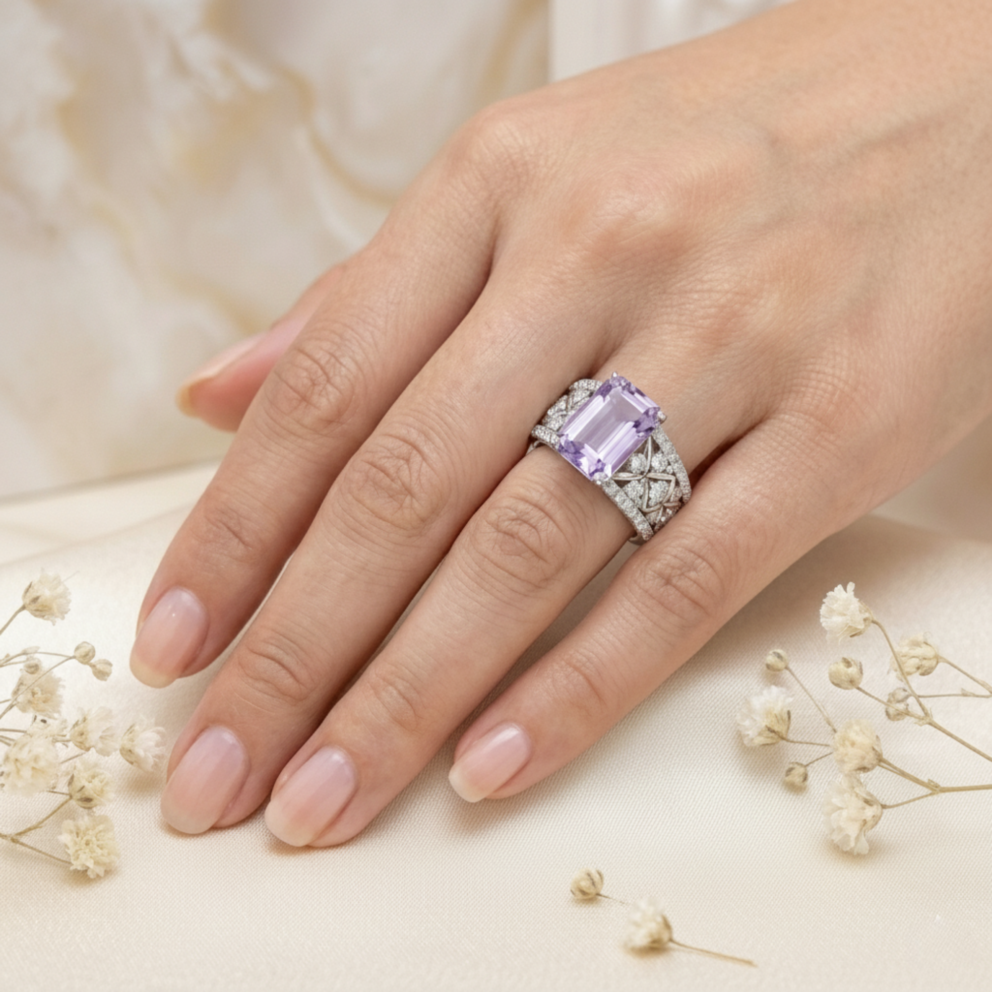 Emerald Cut Natural Amethyst Silver Statement Ring