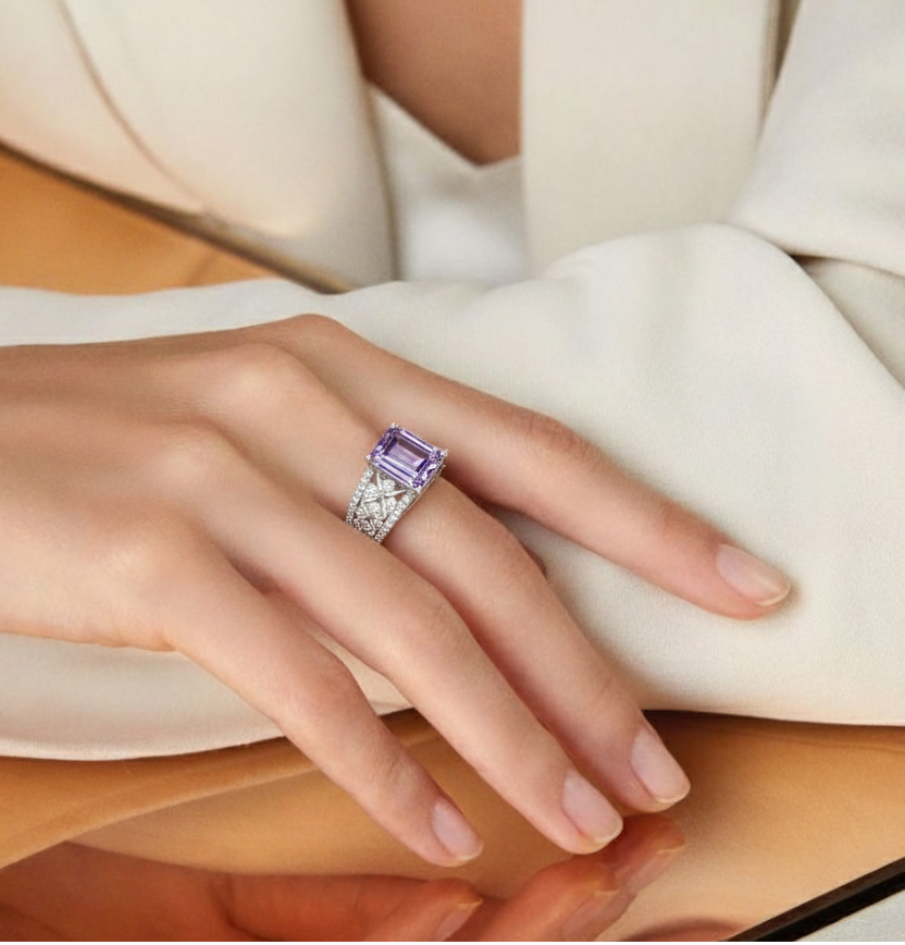 Emerald Cut Natural Amethyst Silver Statement Ring