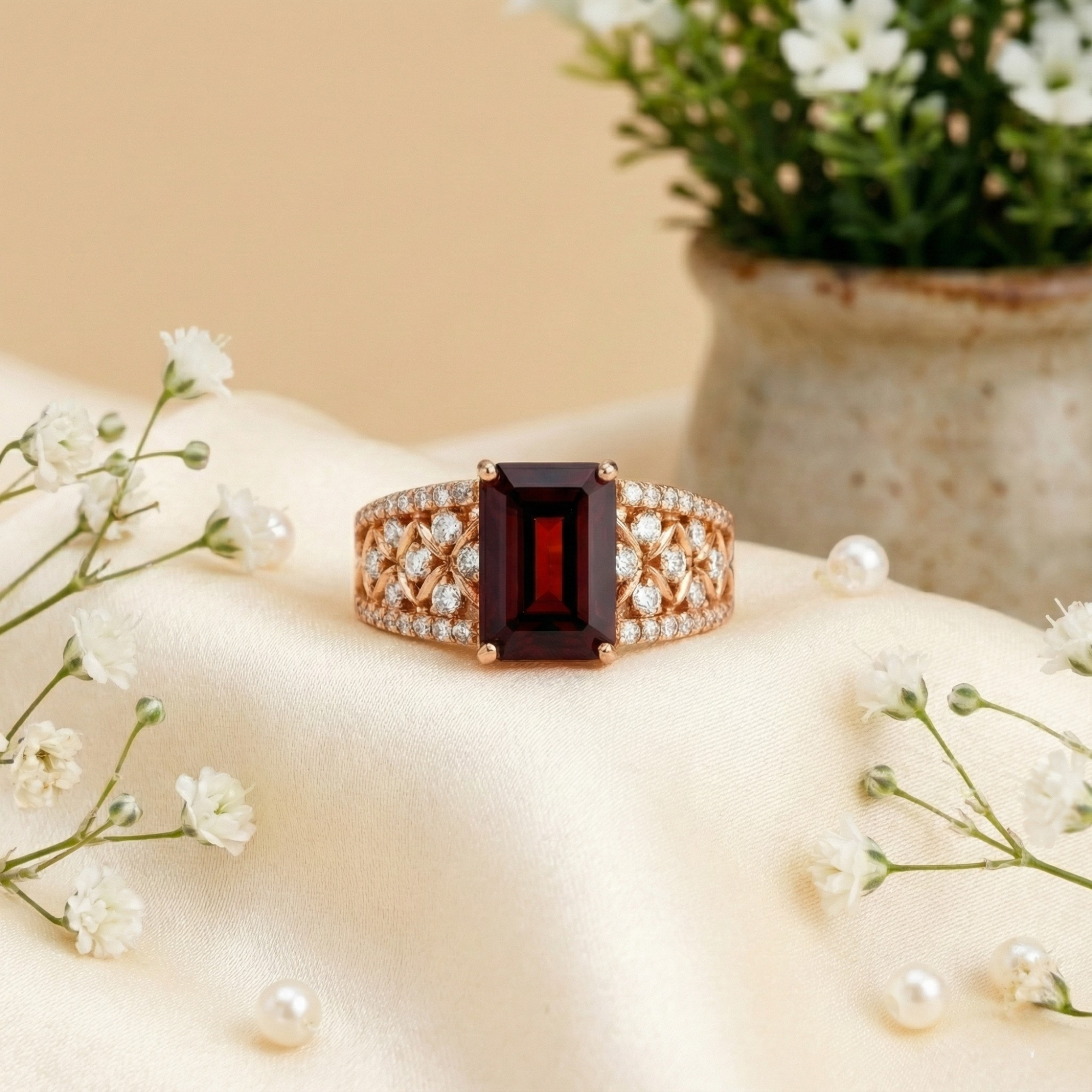Emerald Cut Garnet and White Topaz Silver Ring