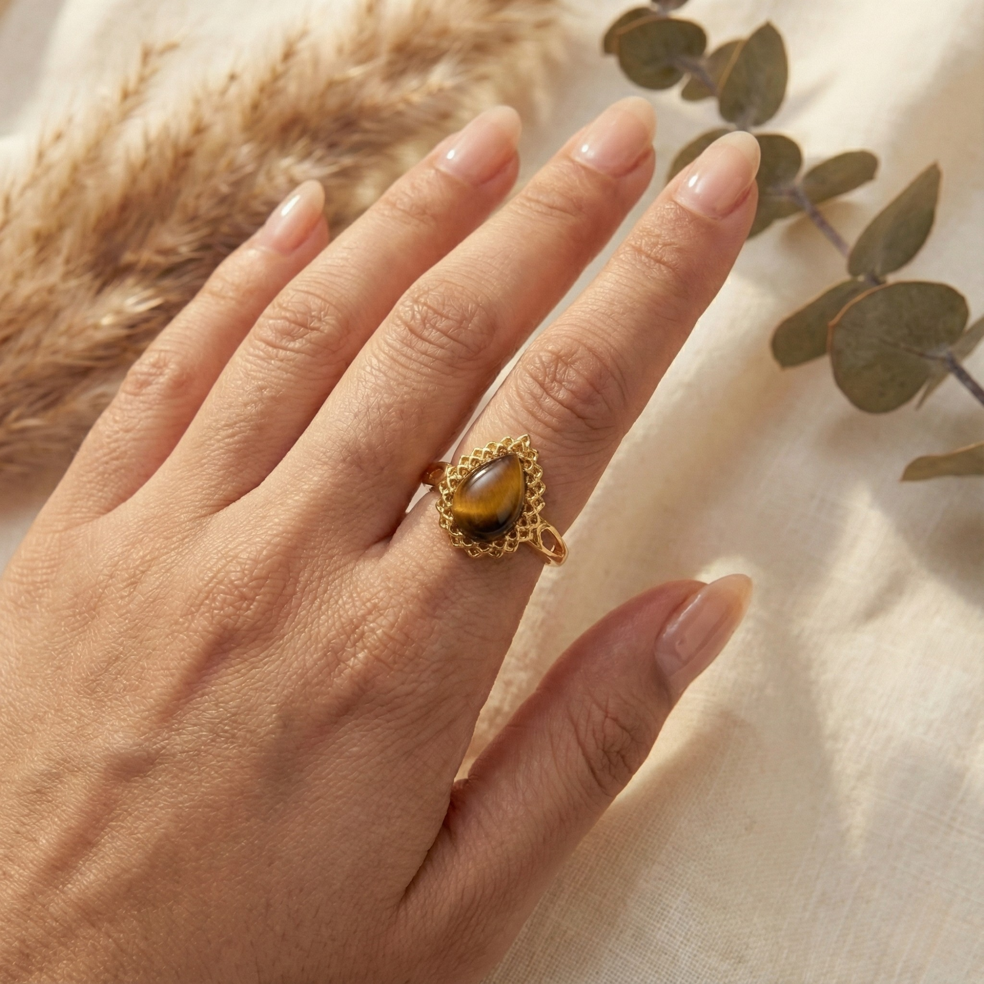 Golden Tigers Eye Pear Shaped Silver Ring
