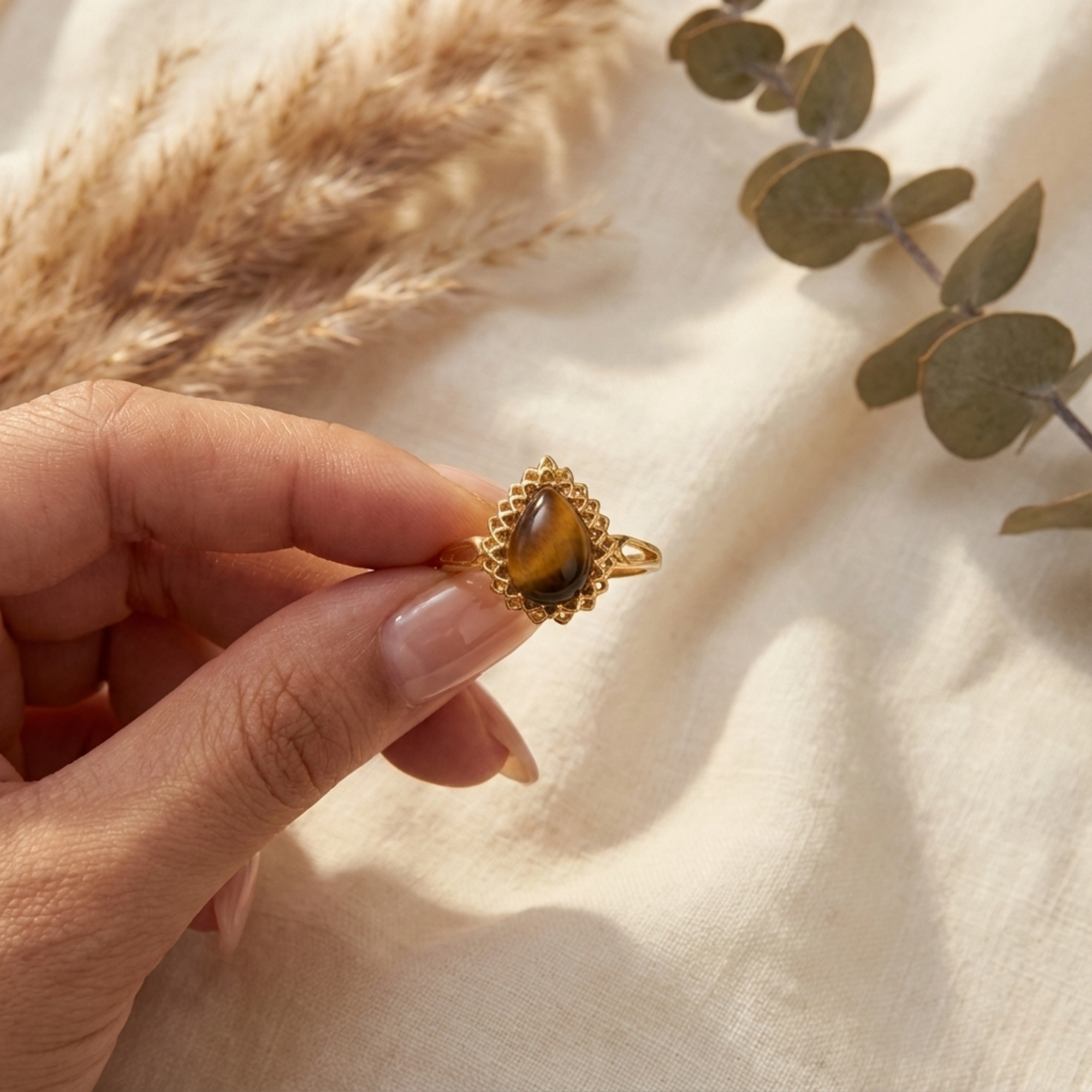 Golden Tigers Eye Pear Shaped Silver Ring