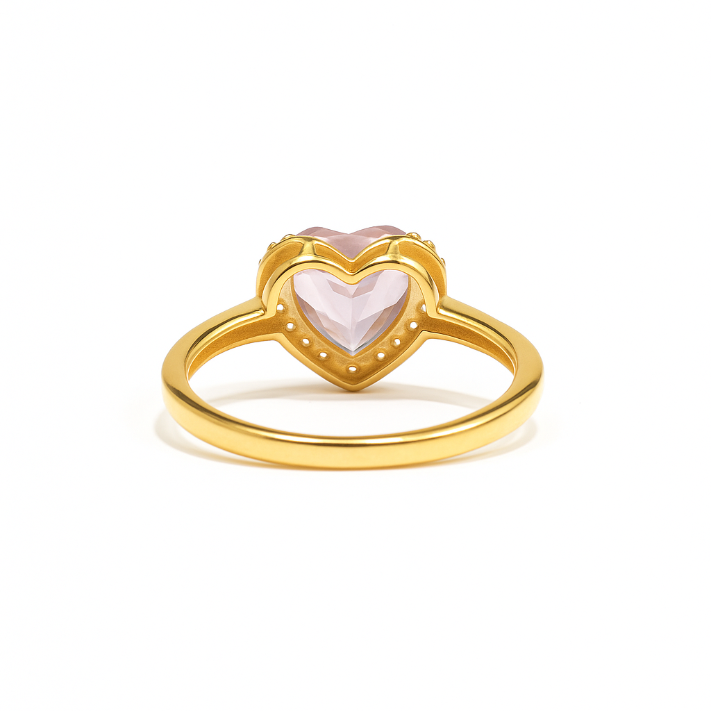 Natural Rose Quartz Gold Plated Silver Halo Heart Ring