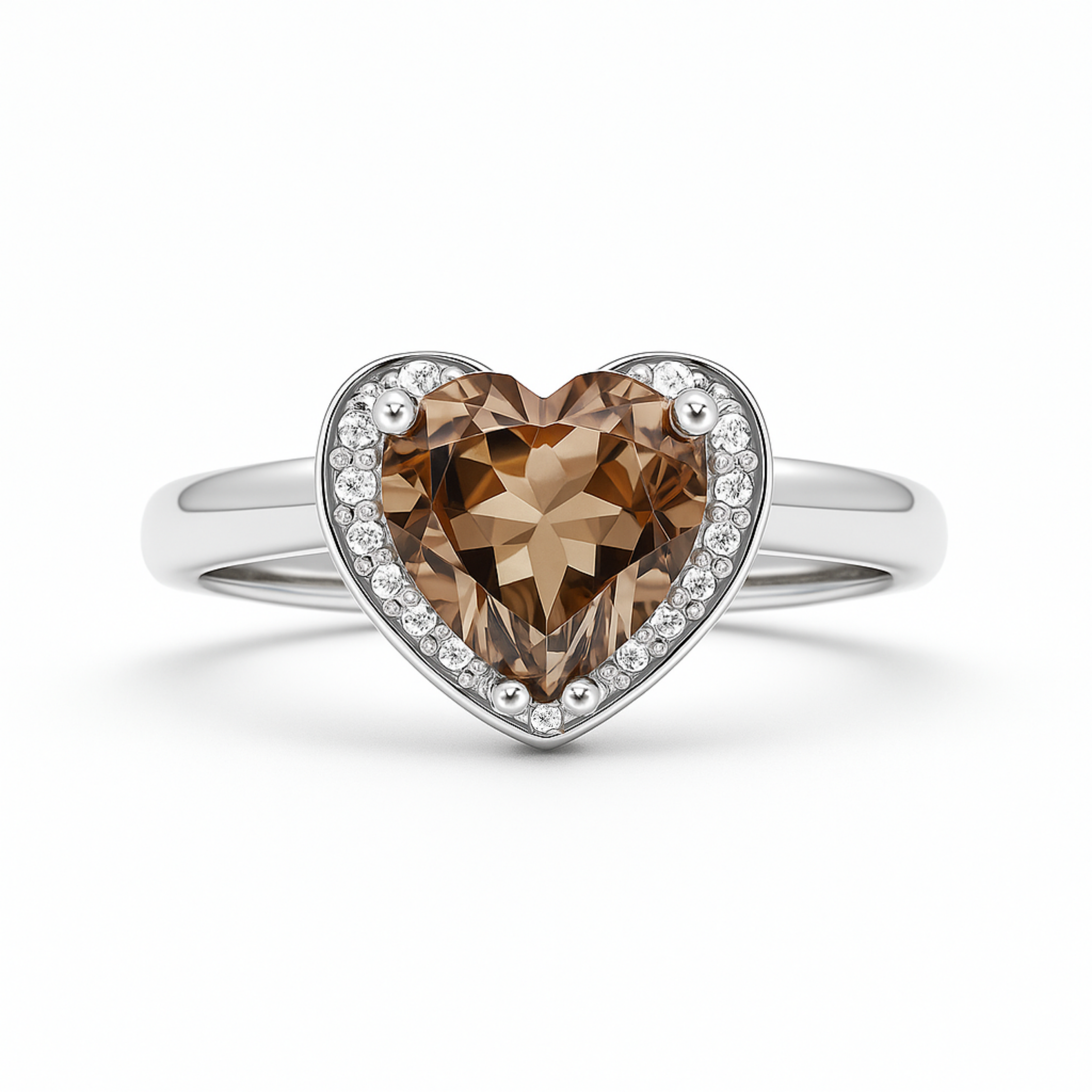 Natural Brown Quartz Sterling Silver Heart Halo Ring