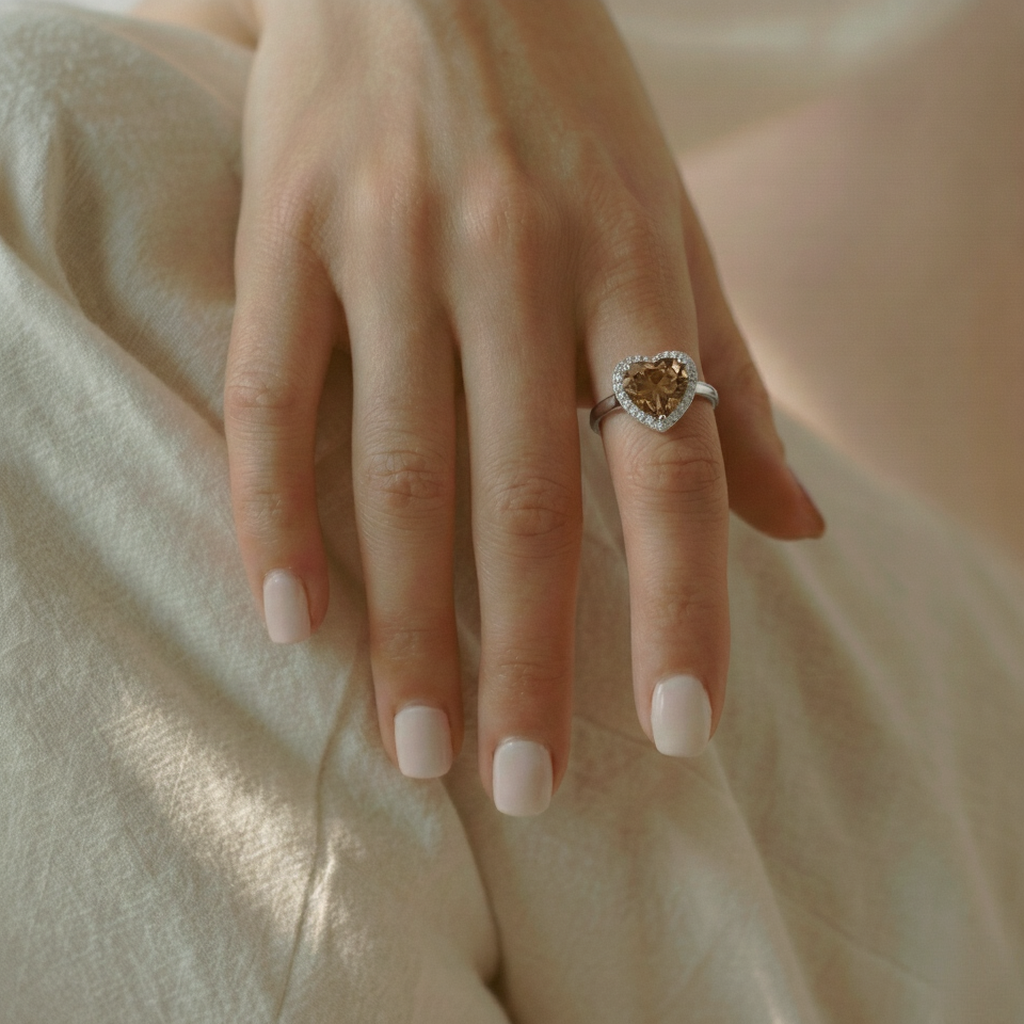Natural Brown Quartz Sterling Silver Heart Halo Ring