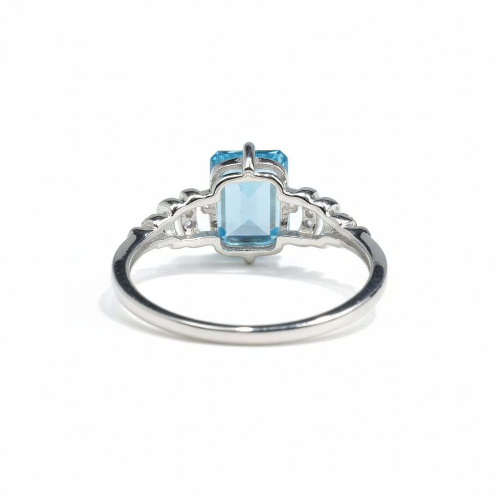 Natural Sky Blue Topaz Octagon Sterling Silver Pave Ring
