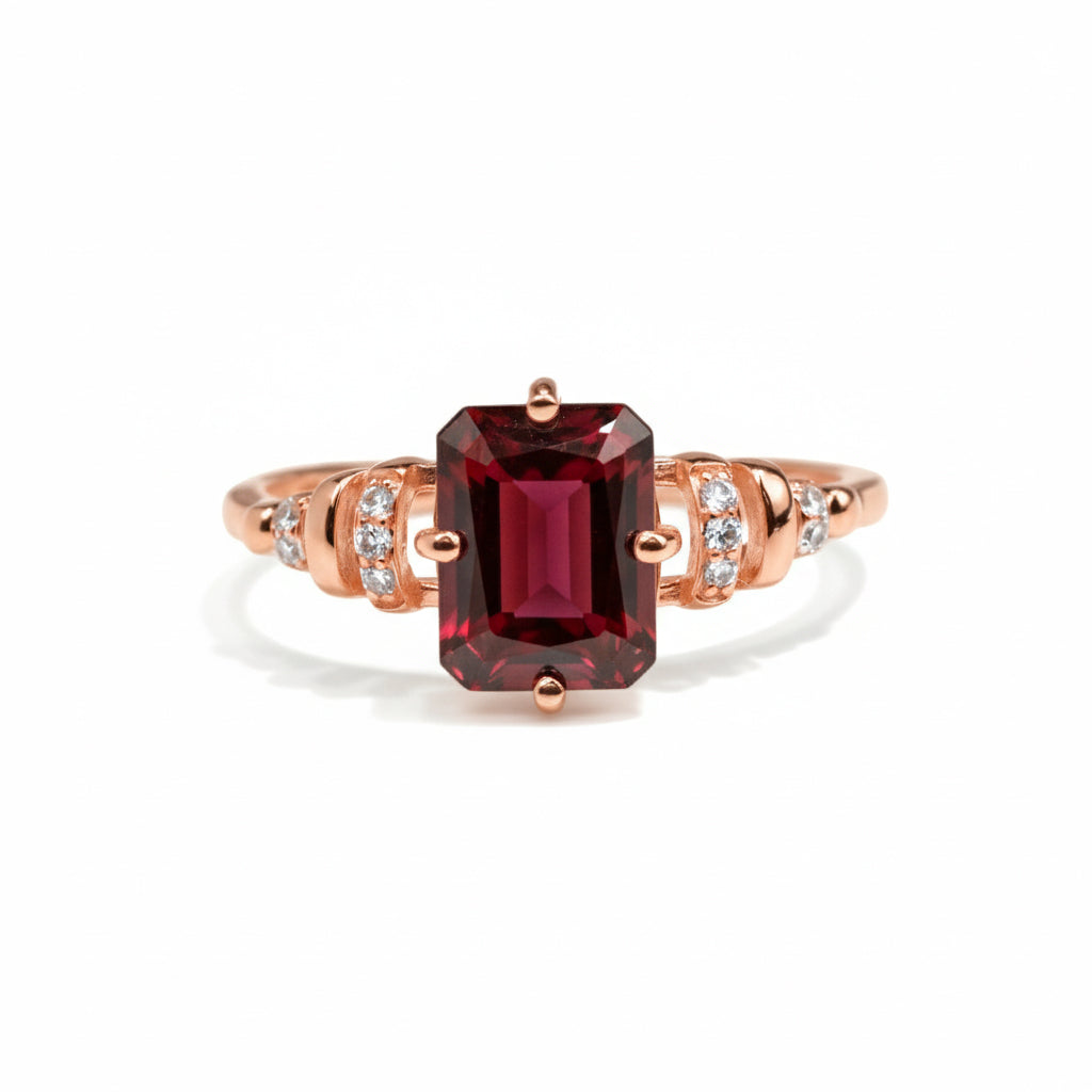 Natural Red Garnet Octagon Ring Sterling Silver