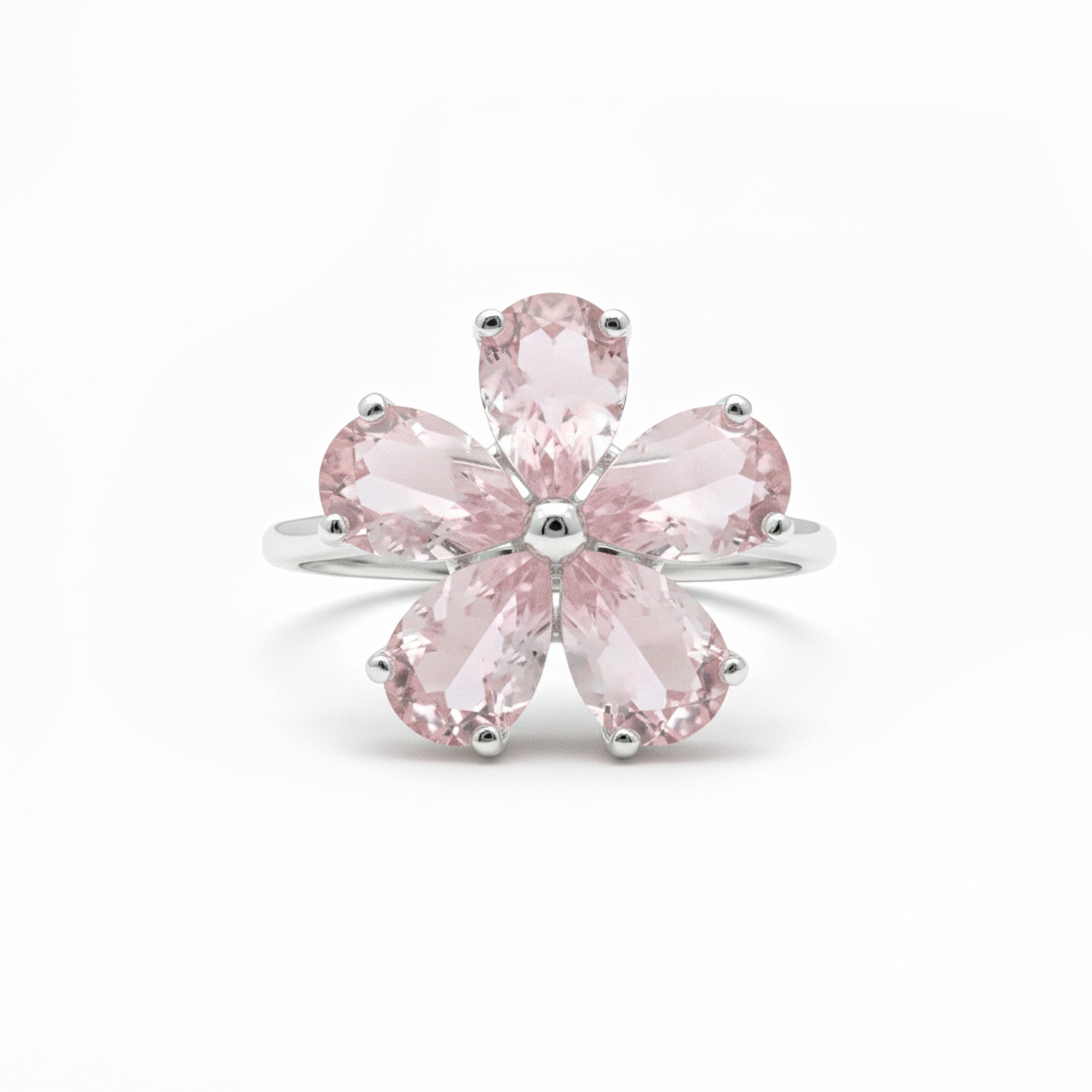 Natural Rose Quartz Sterling Silver Flower Ring