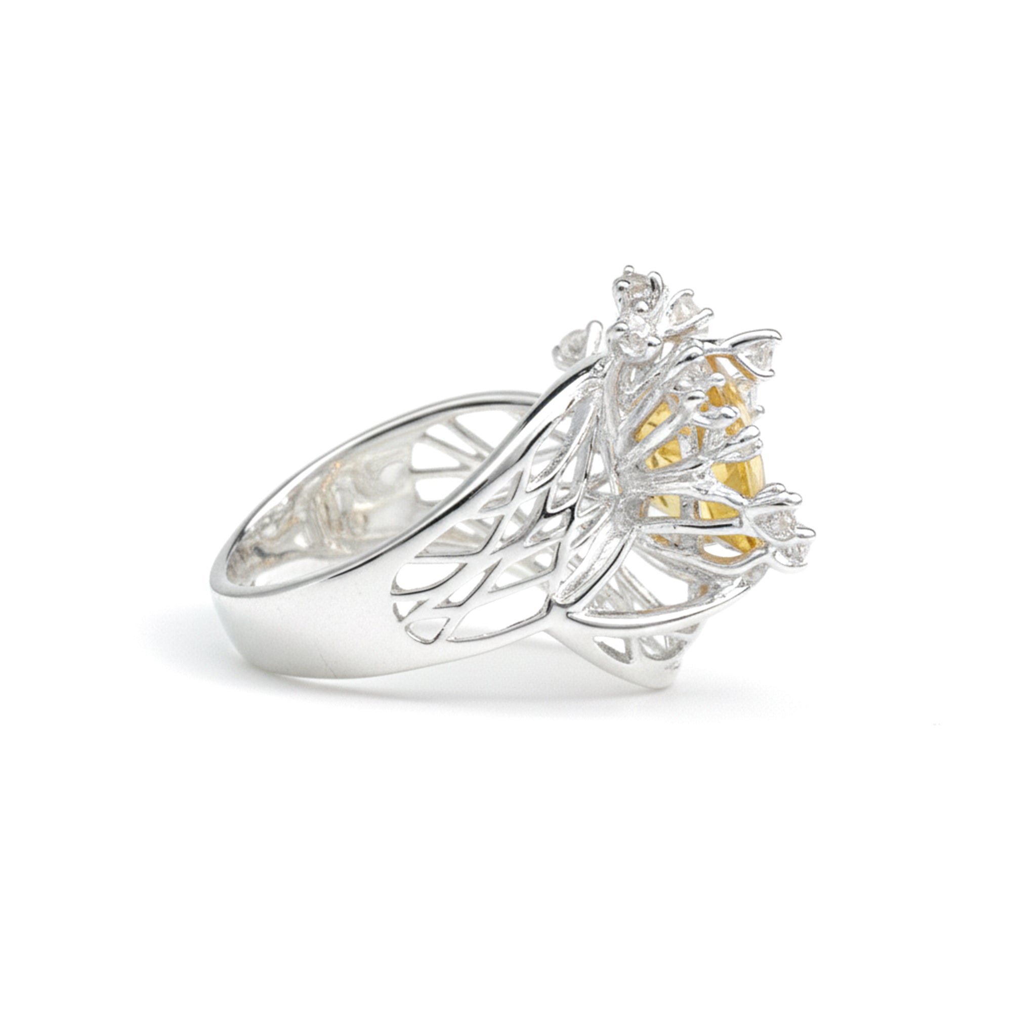 Natural Yellow Citrine Flower Silver Ring